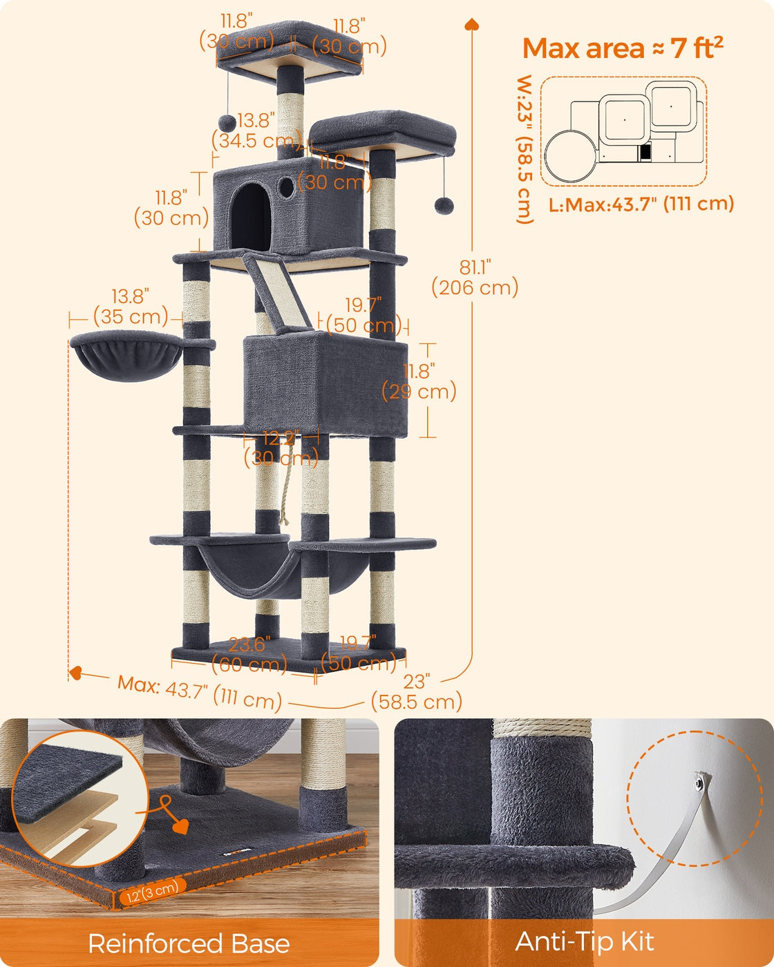 Large Cat Tower - Wood and Plush - Smoky Grey