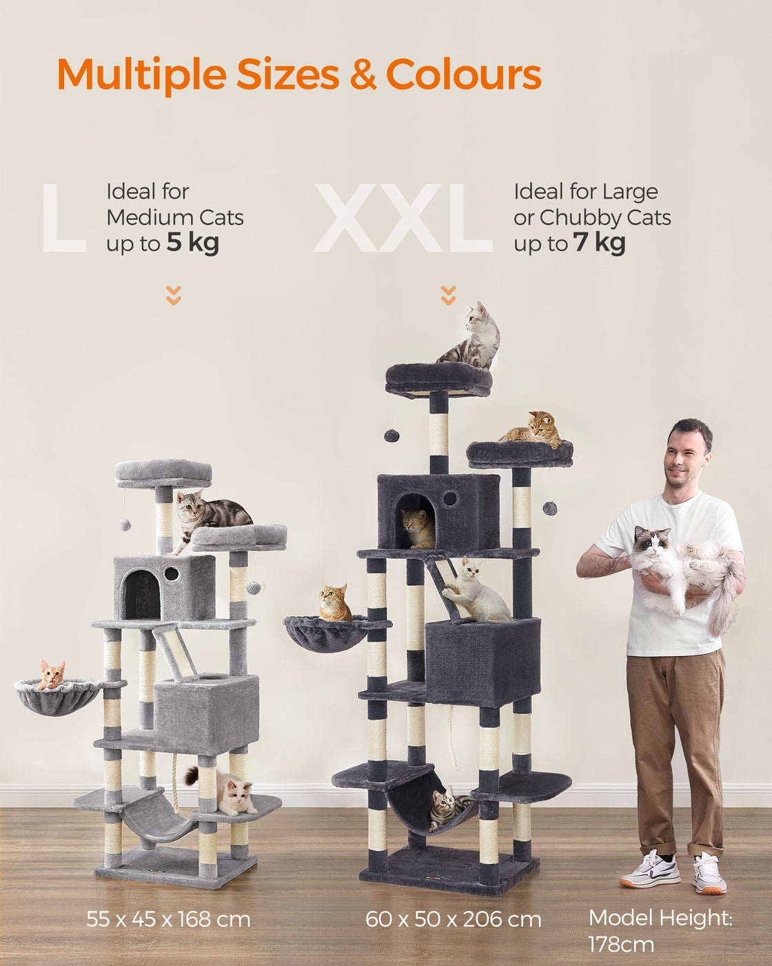 Large Cat Tower - Wood and Plush - Smoky Grey