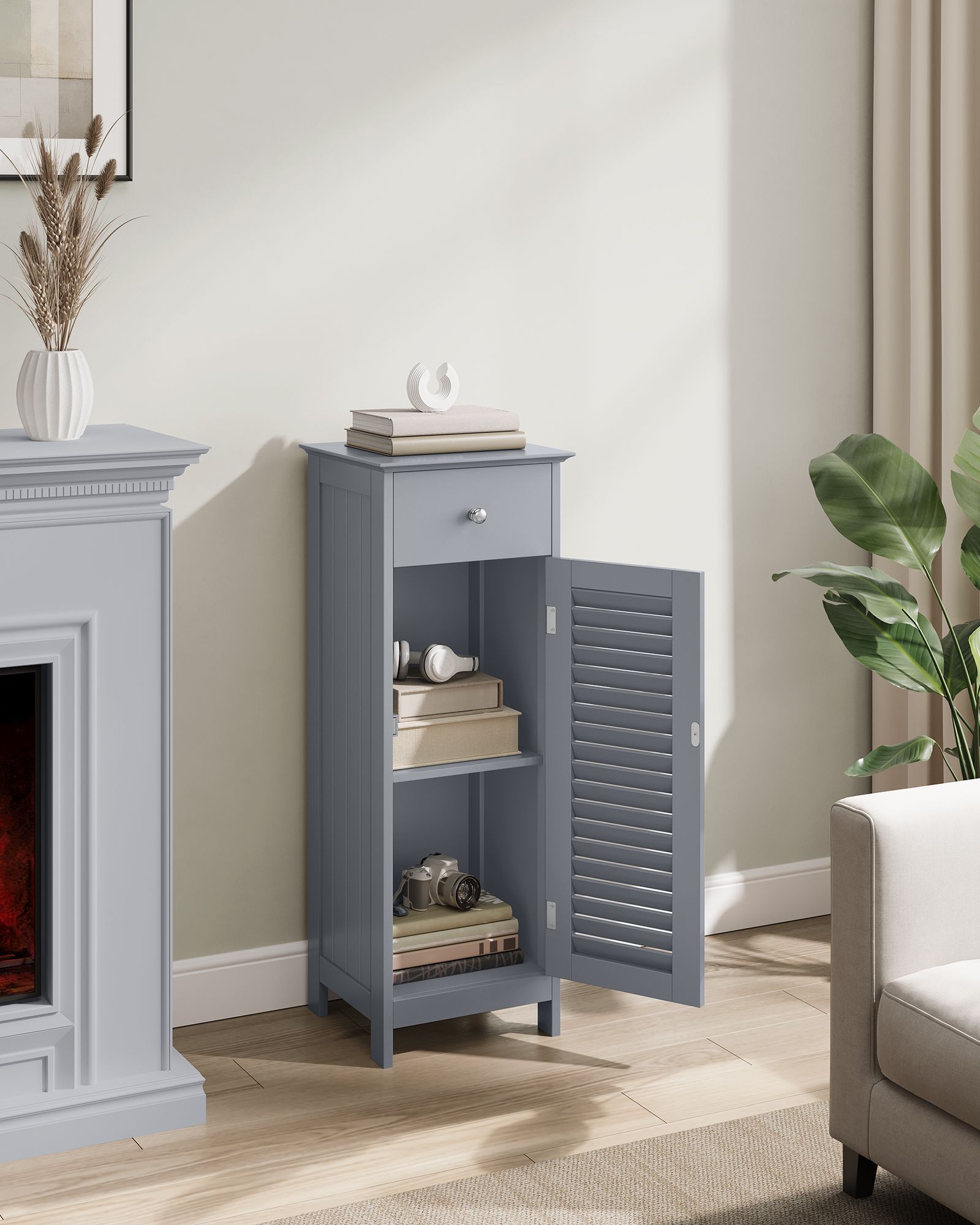 Bathroom Storage Cabinet - Wood - Dove Grey - Freestanding with Drawer and Shutter Door