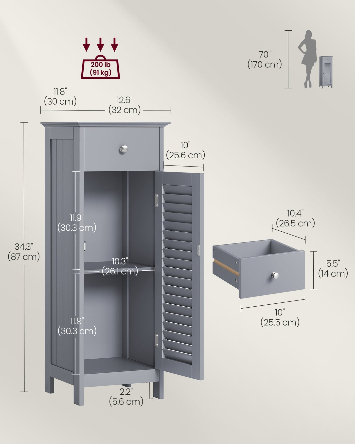 Bathroom Storage Cabinet - Wood - Dove Grey - Freestanding with Drawer and Shutter Door