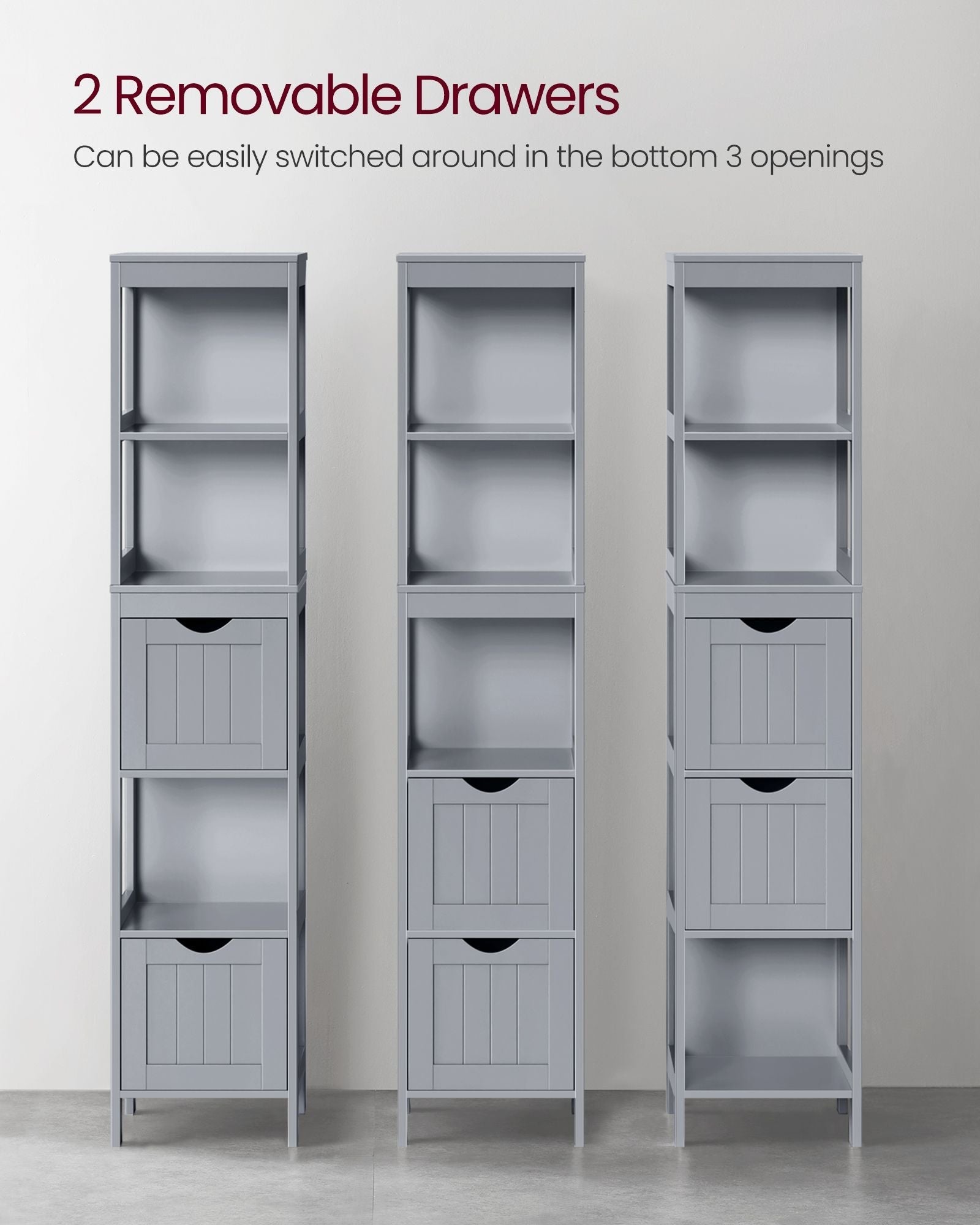 Bathroom Tall Cabinet - Wood - White - Freestanding Storage with 2 Drawers and 3 Open Shelves