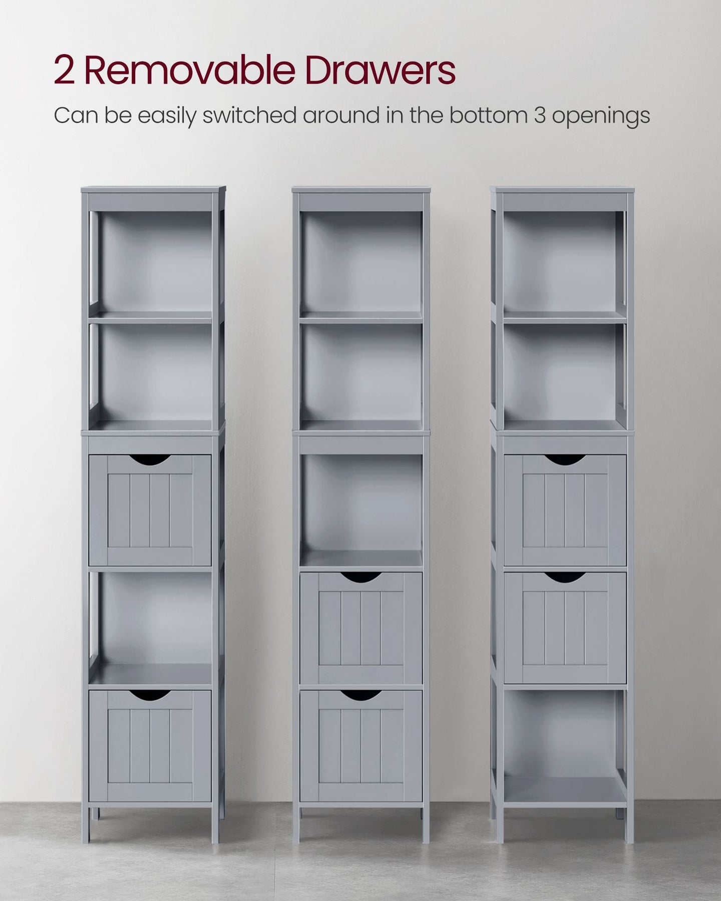 Bathroom Tall Cabinet - Wood - White - Freestanding Storage with 2 Drawers and 3 Open Shelves