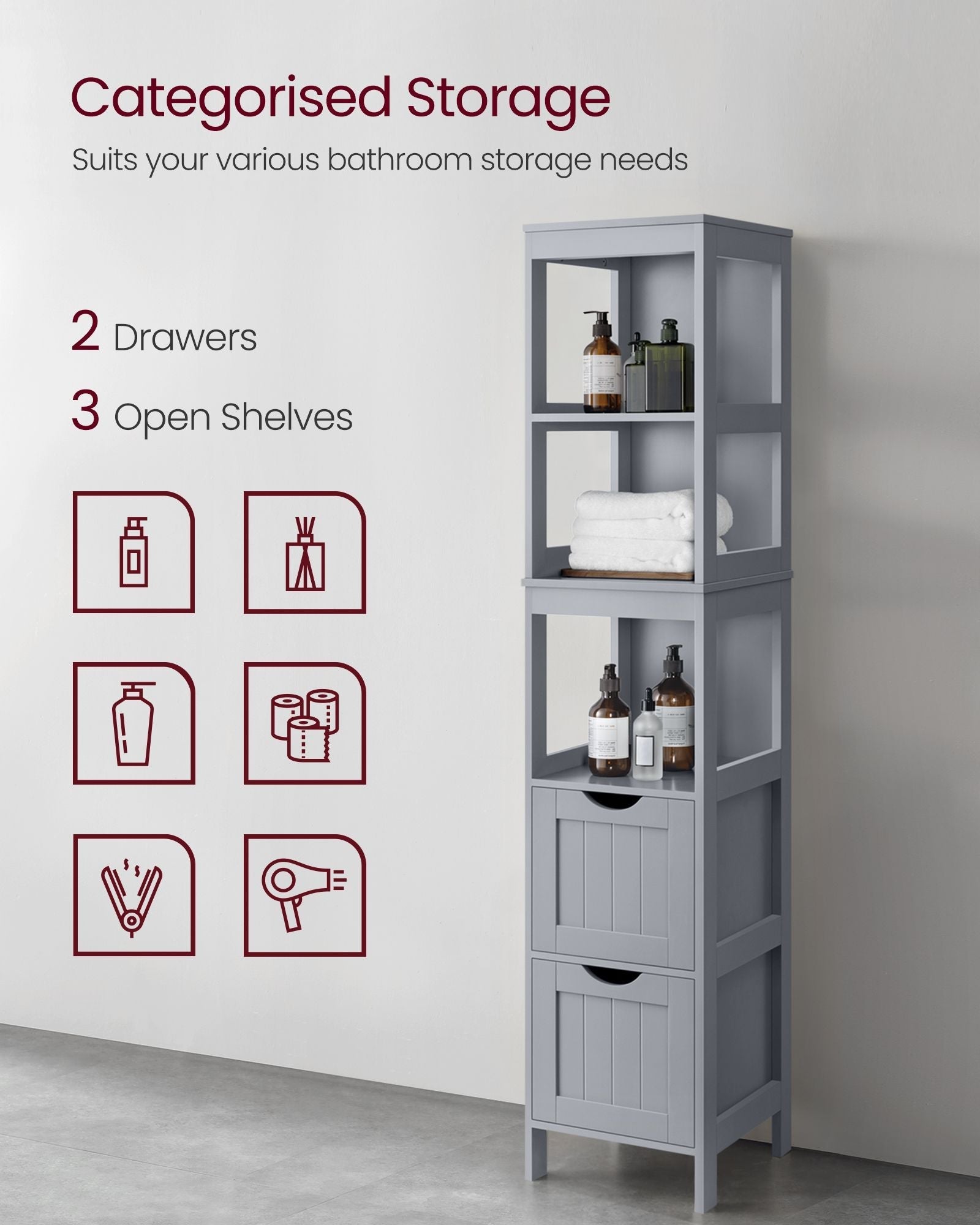 Bathroom Tall Cabinet - Wood - White - Freestanding Storage with 2 Drawers and 3 Open Shelves