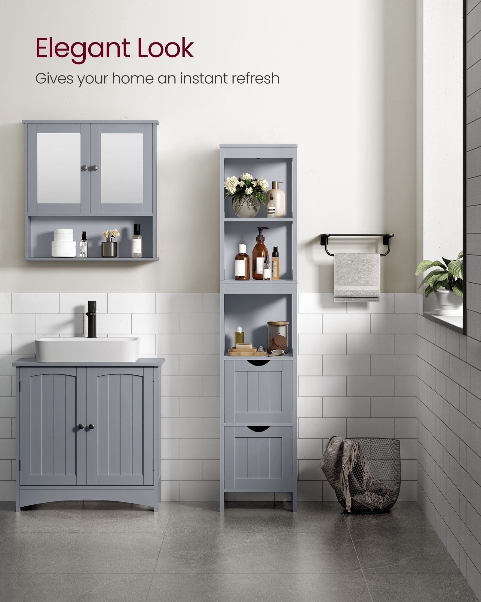 Bathroom Tall Cabinet - Wood - White - Freestanding Storage with 2 Drawers and 3 Open Shelves