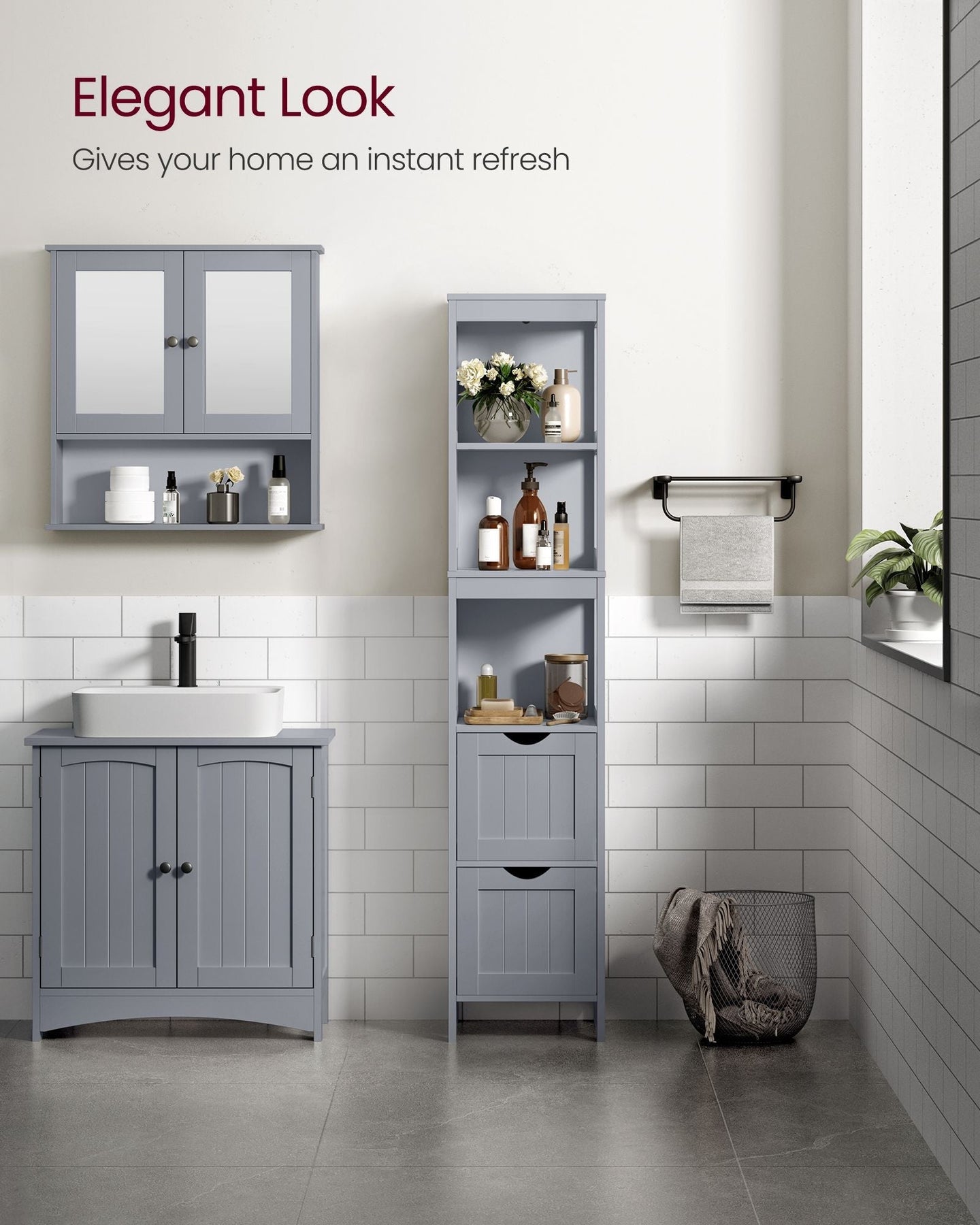 Bathroom Tall Cabinet - Wood - White - Freestanding Storage with 2 Drawers and 3 Open Shelves
