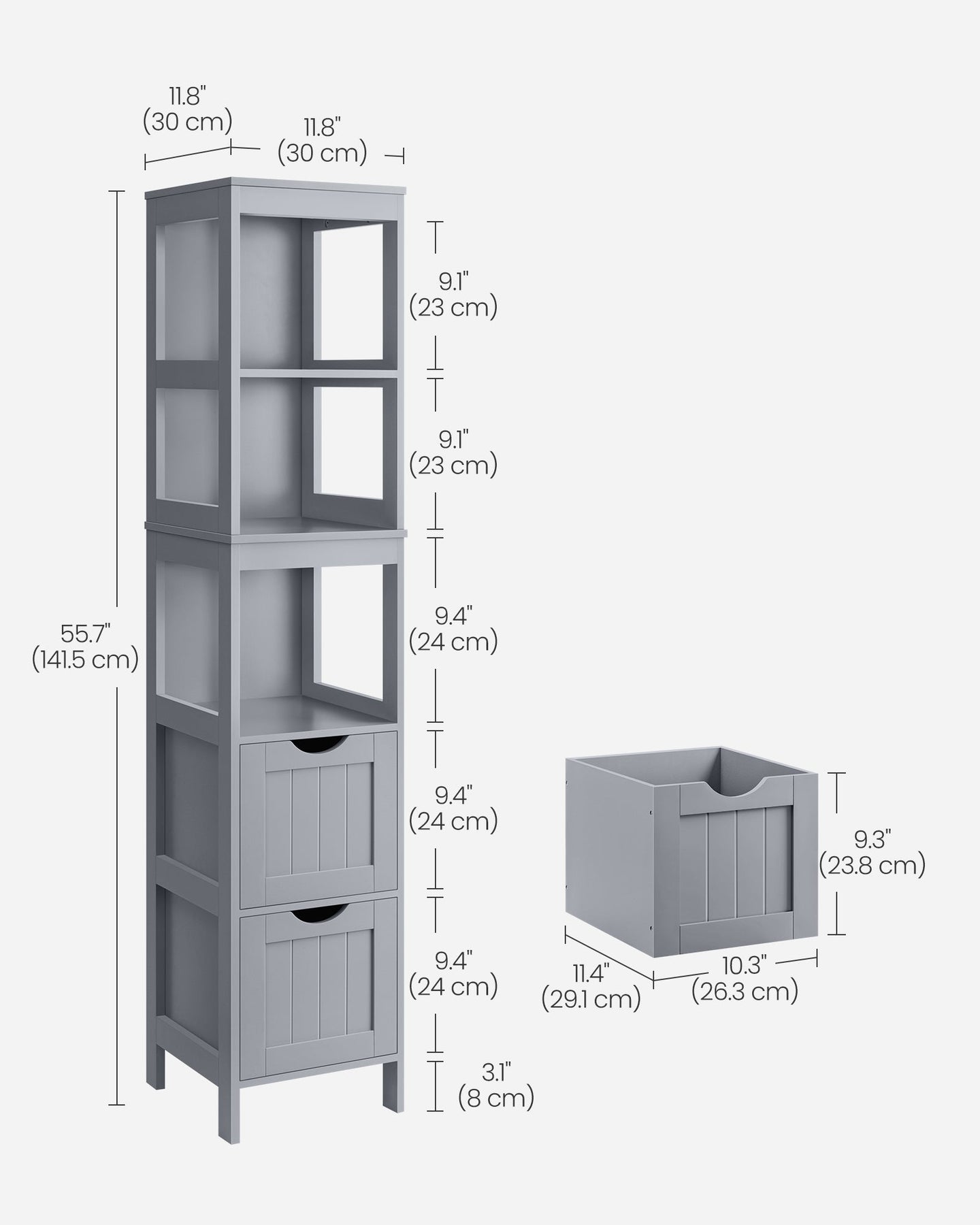 Bathroom Tall Cabinet - Wood - White - Freestanding Storage with 2 Drawers and 3 Open Shelves