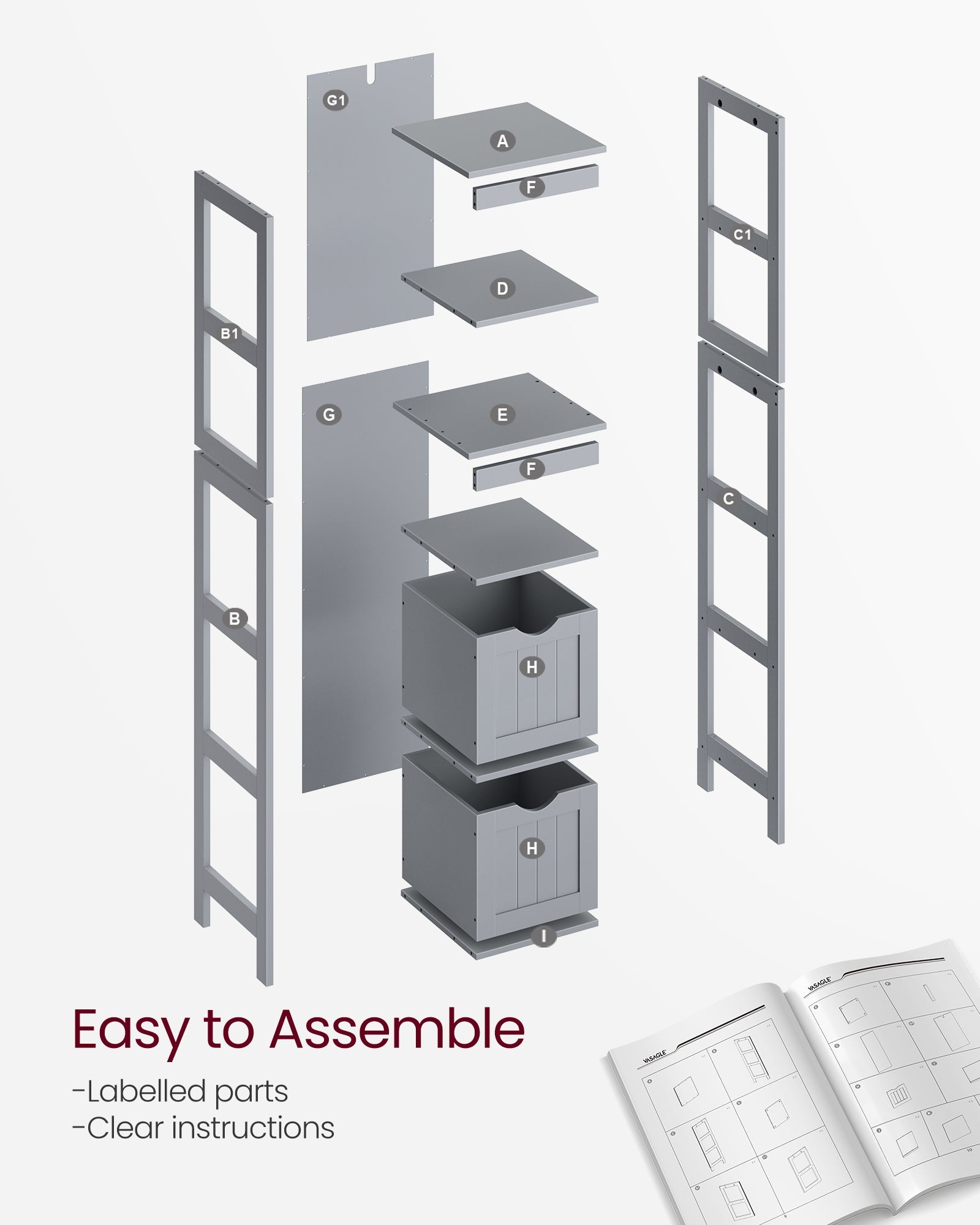 Bathroom Tall Cabinet - Wood - White - Freestanding Storage with 2 Drawers and 3 Open Shelves
