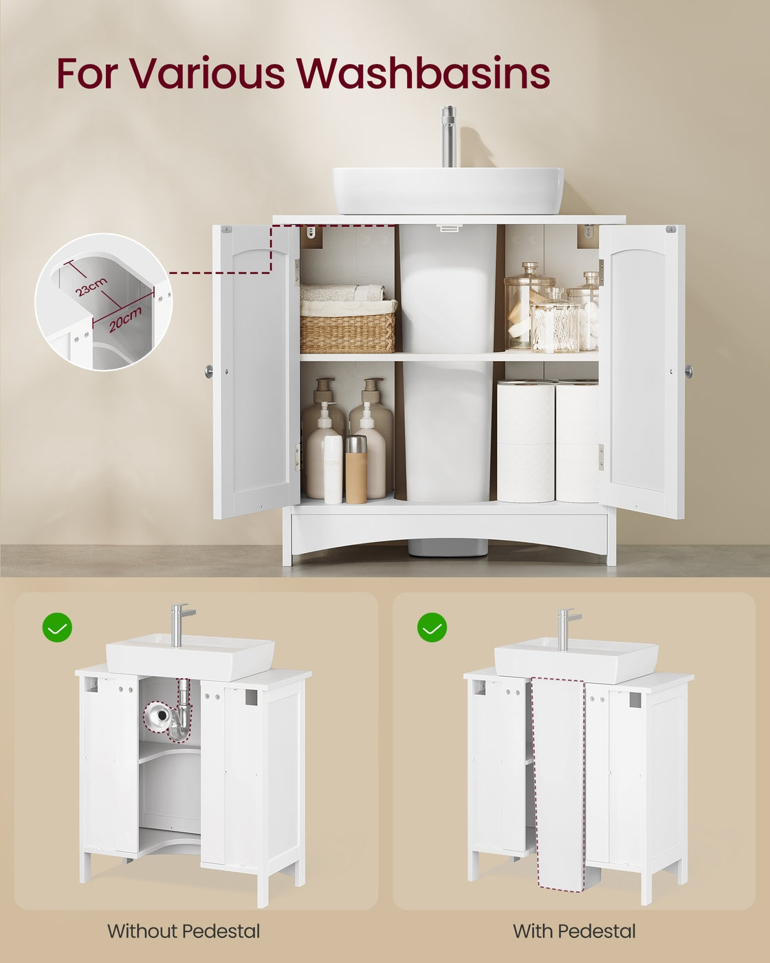 Under Sink Bathroom Cabinet - MDF - Cloud White - with 2 Doors