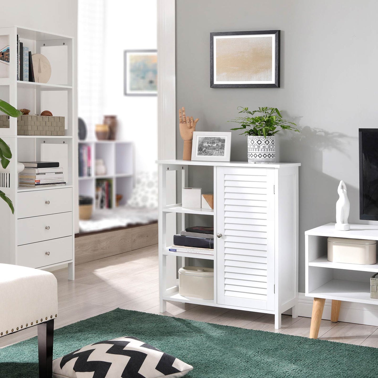 Bathroom Storage Cabinet - Wood - Matte White - Scandinavian Design with Louvred Door and Adjustable Shelf