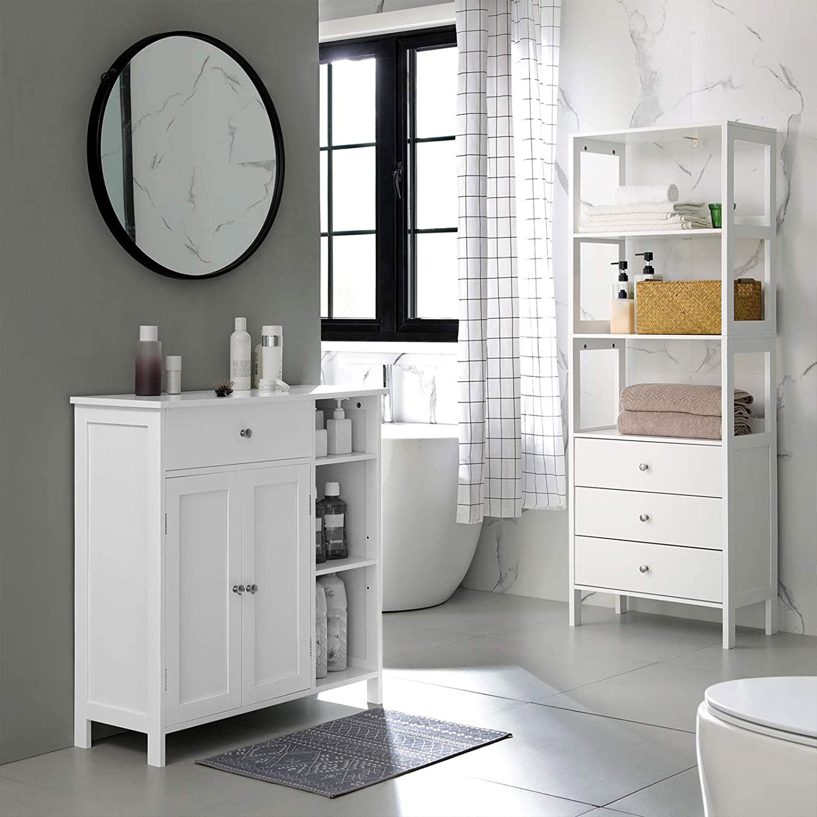 Bathroom Cabinet - Wood - Matte White - Adjustable Shelves and Drawer Storage