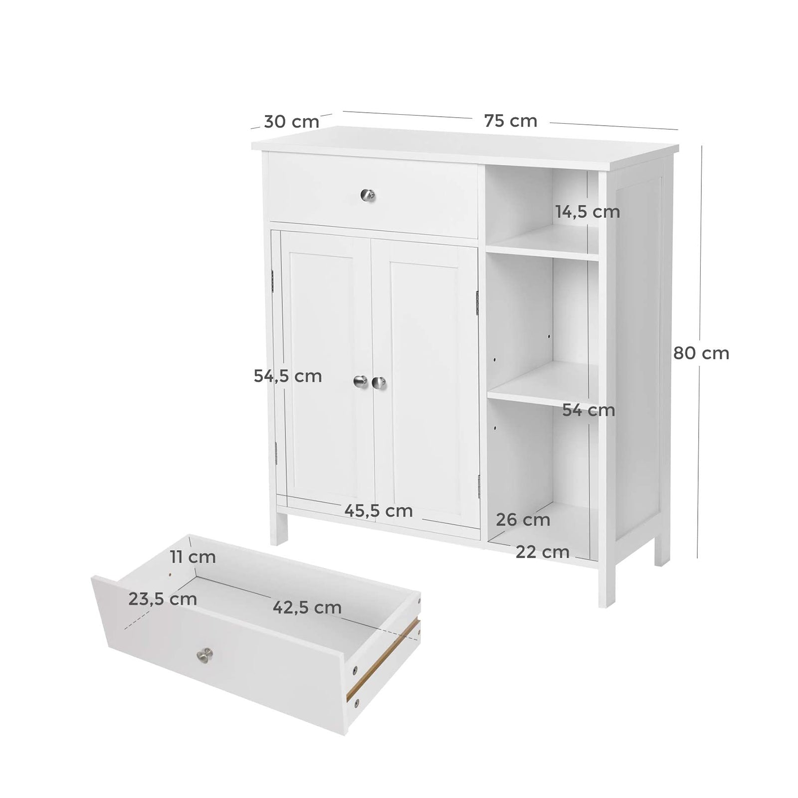 Bathroom Cabinet - Wood - Matte White - Adjustable Shelves and Drawer Storage