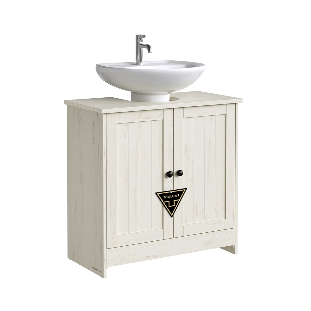 Bathroom Under Sink Cabinet - Wood - Rustic White - Adjustable Storage Shelf