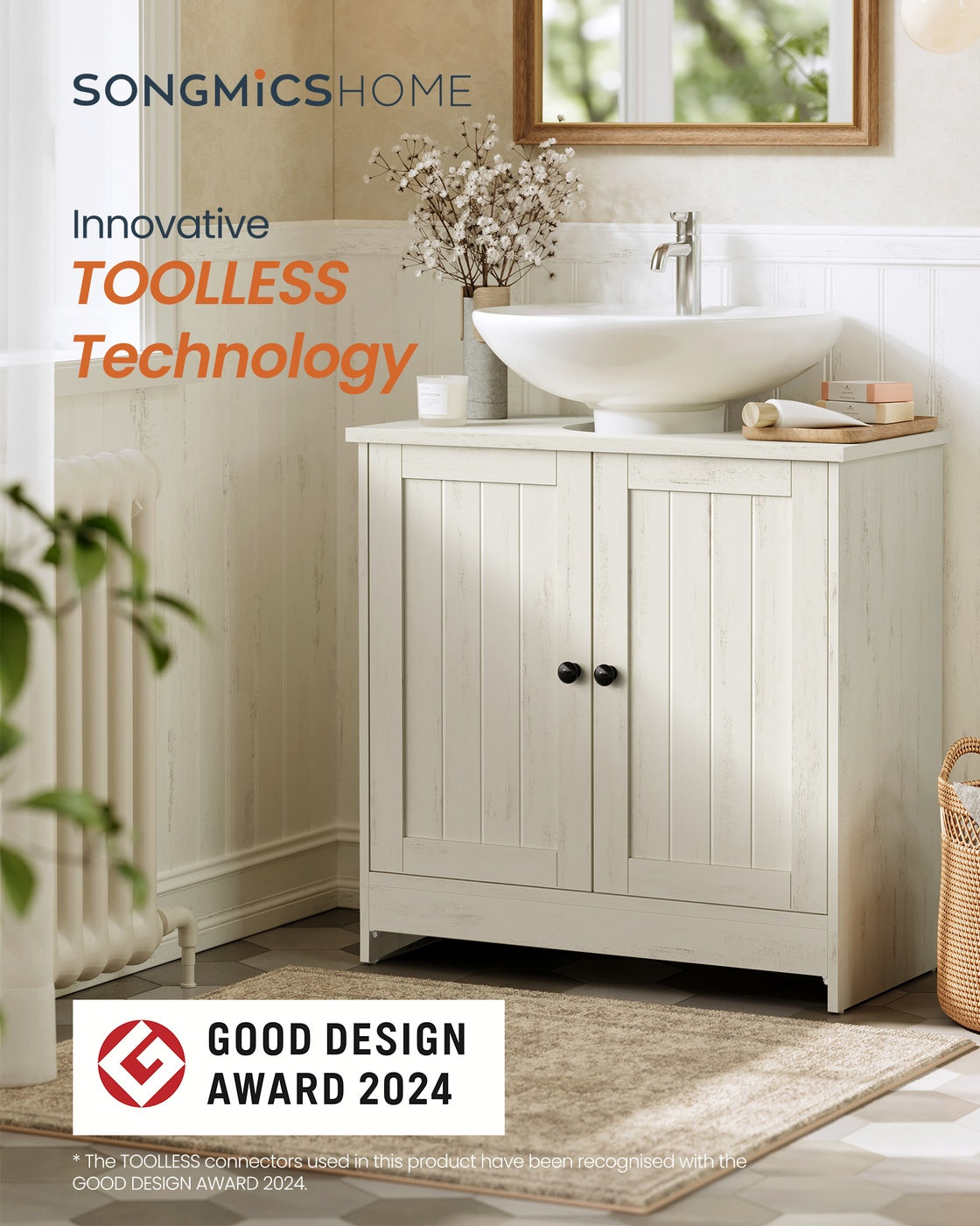 Bathroom Under Sink Cabinet - Wood - Rustic White - Adjustable Storage Shelf