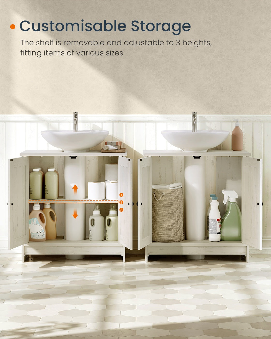 Bathroom Under Sink Cabinet - Wood - Rustic White - Adjustable Storage Shelf