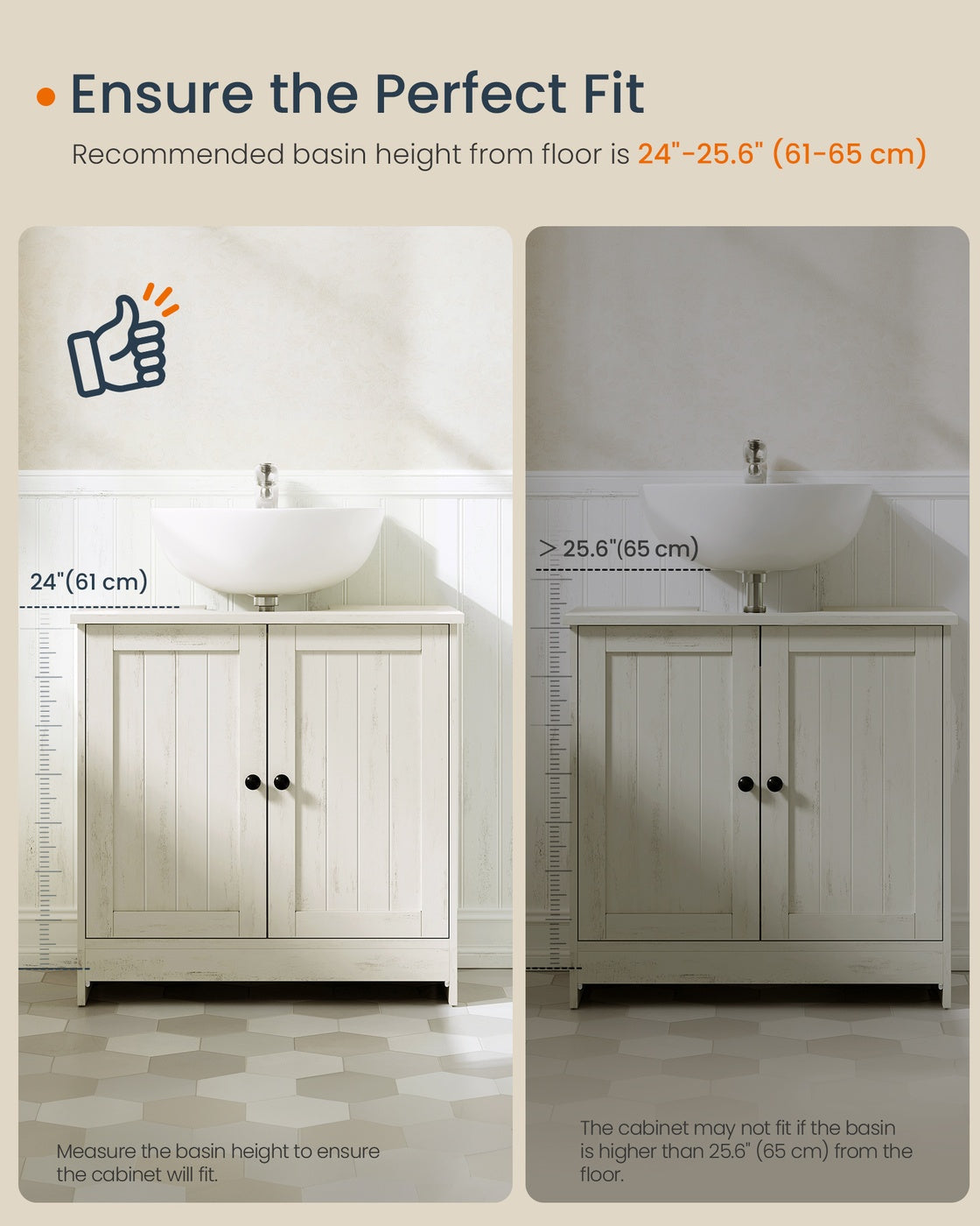Bathroom Under Sink Cabinet - Wood - Rustic White - Adjustable Storage Shelf