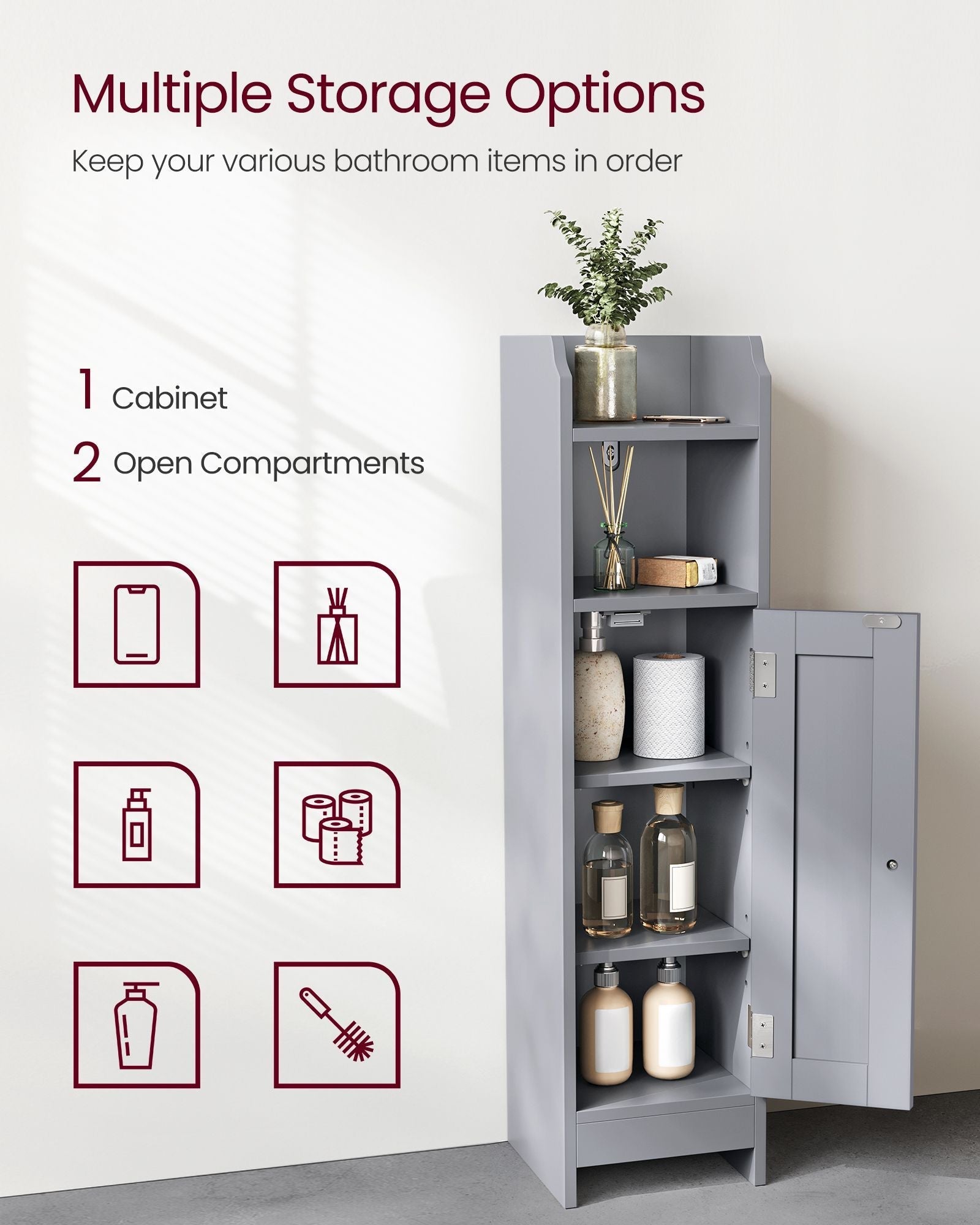 Freestanding Slim Bathroom Cabinet - Wood - White - Adjustable Shelves