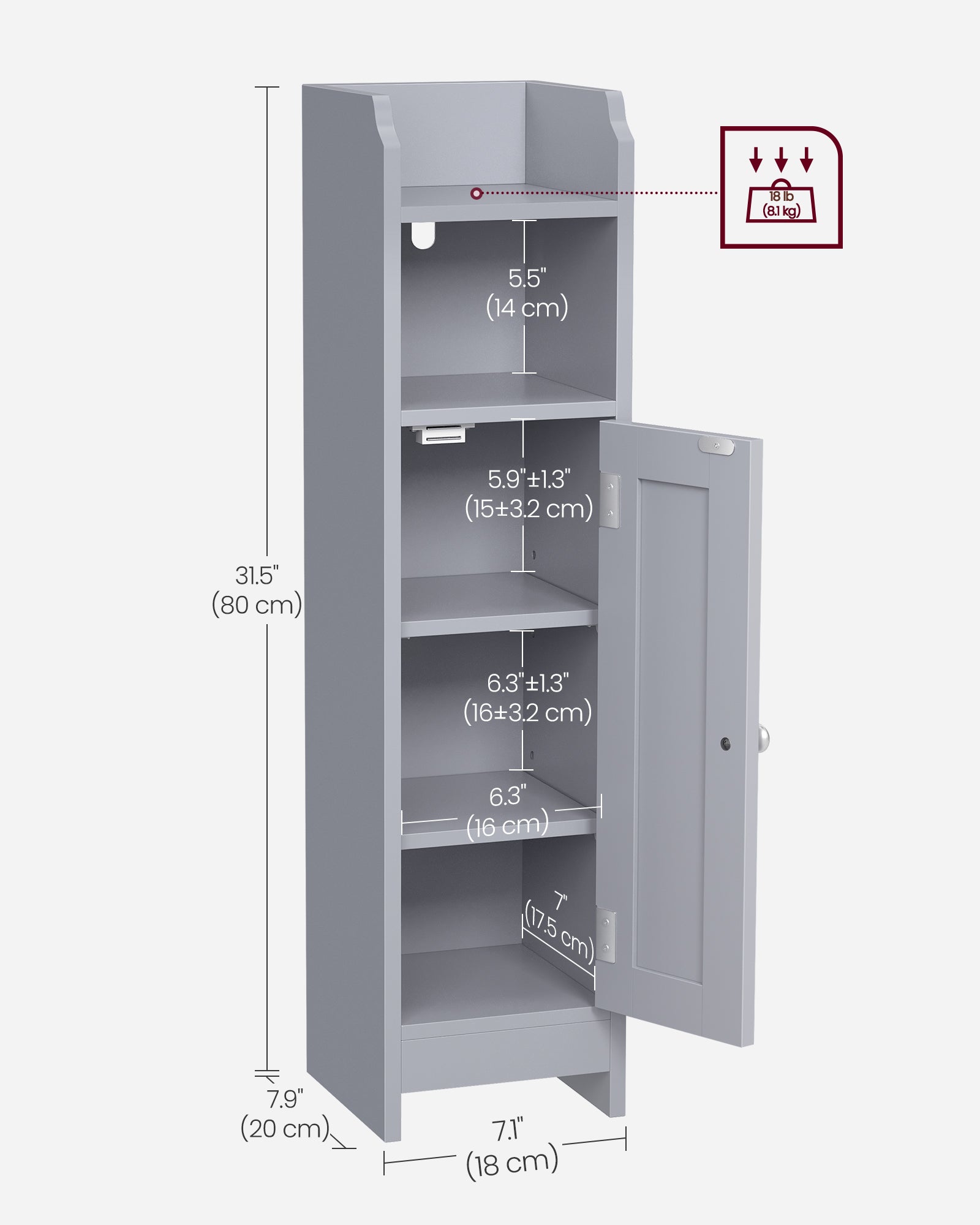 Freestanding Slim Bathroom Cabinet - Wood - White - Adjustable Shelves