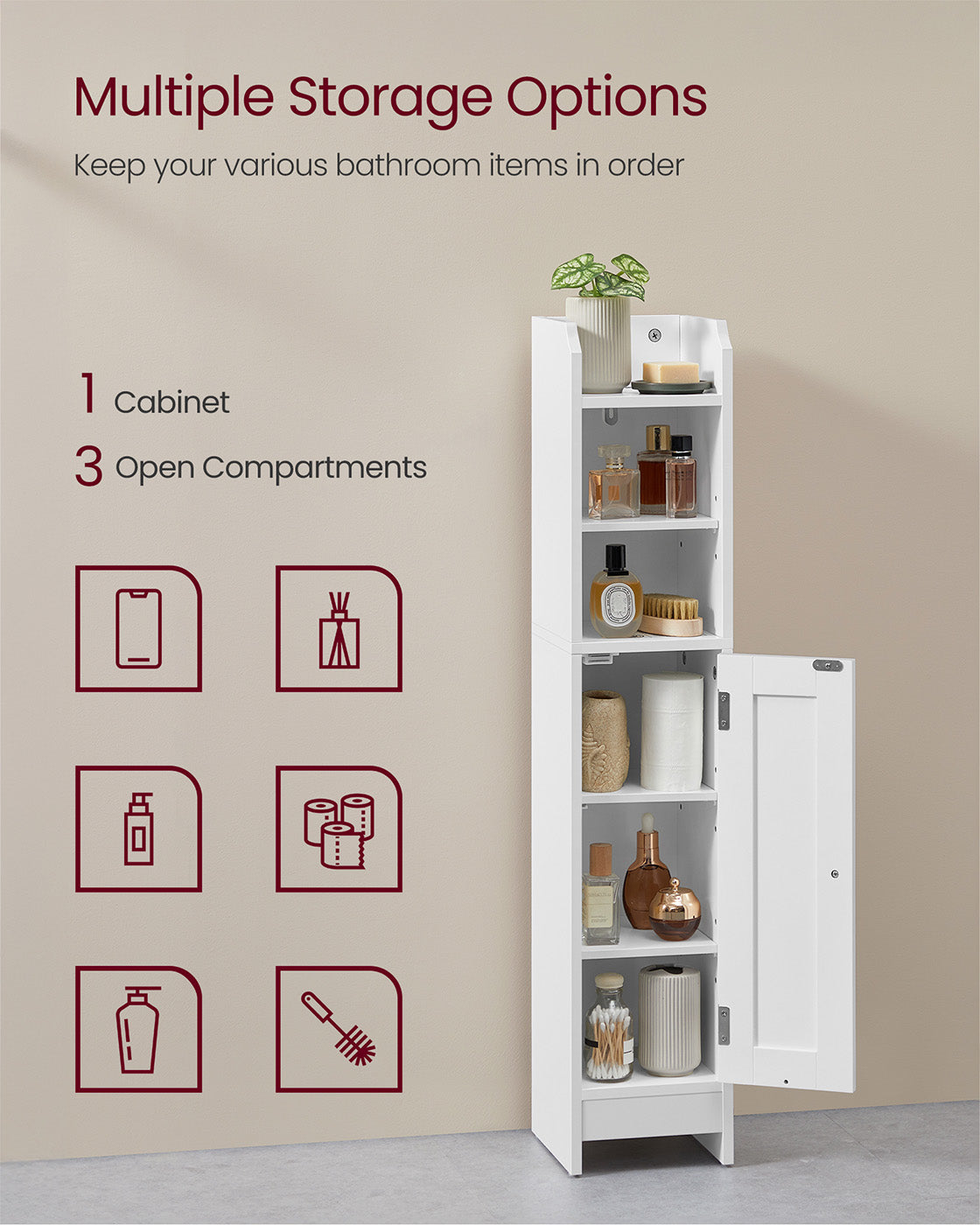 Slim Bathroom Storage Cabinet - Wood - White - Freestanding with Adjustable Shelves