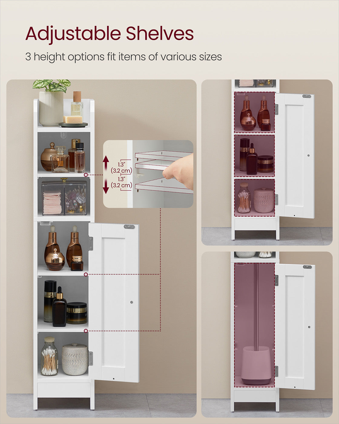 Slim Bathroom Storage Cabinet - Wood - White - Freestanding with Adjustable Shelves