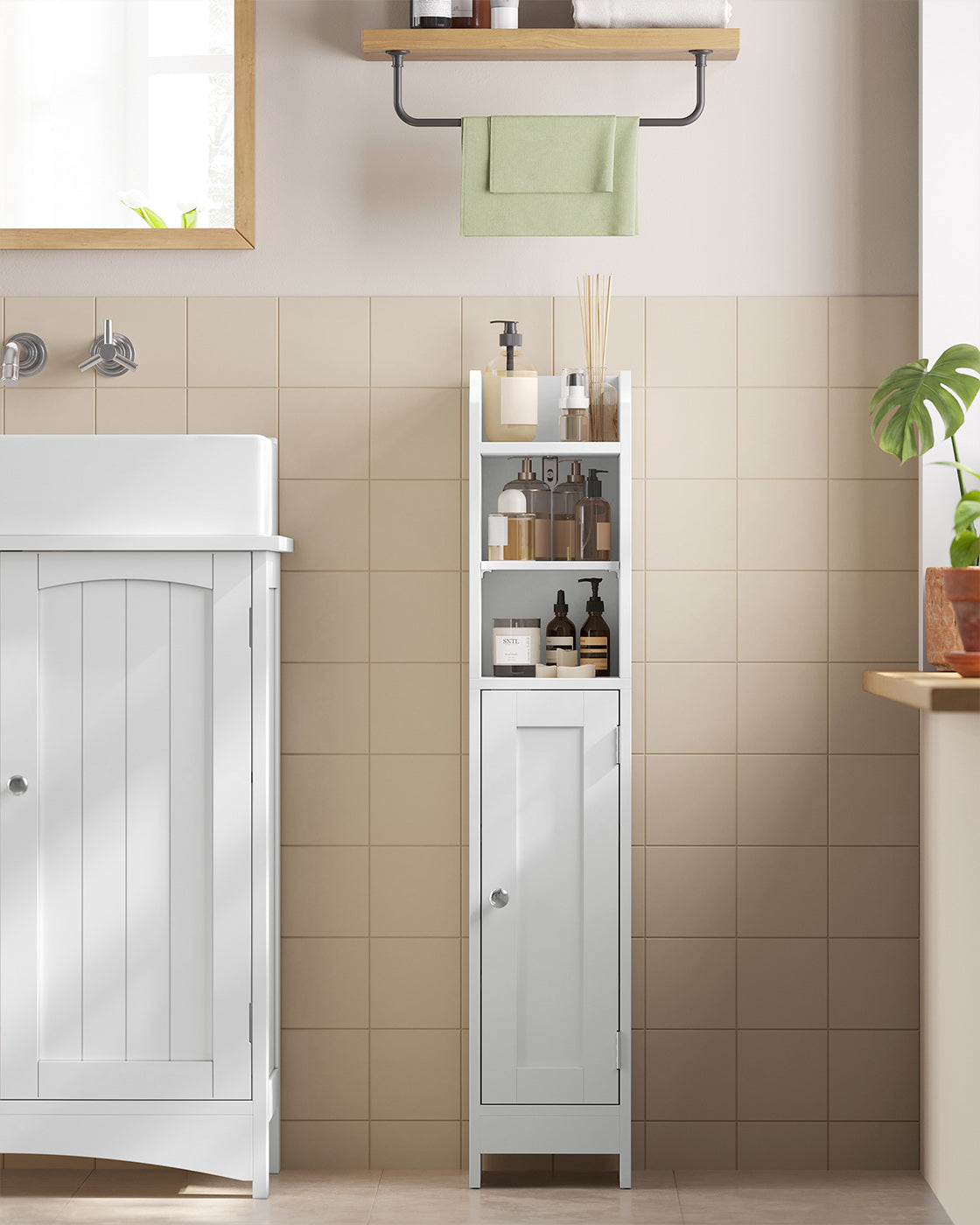 Slim Bathroom Storage Cabinet - Wood - White - Freestanding with Adjustable Shelves