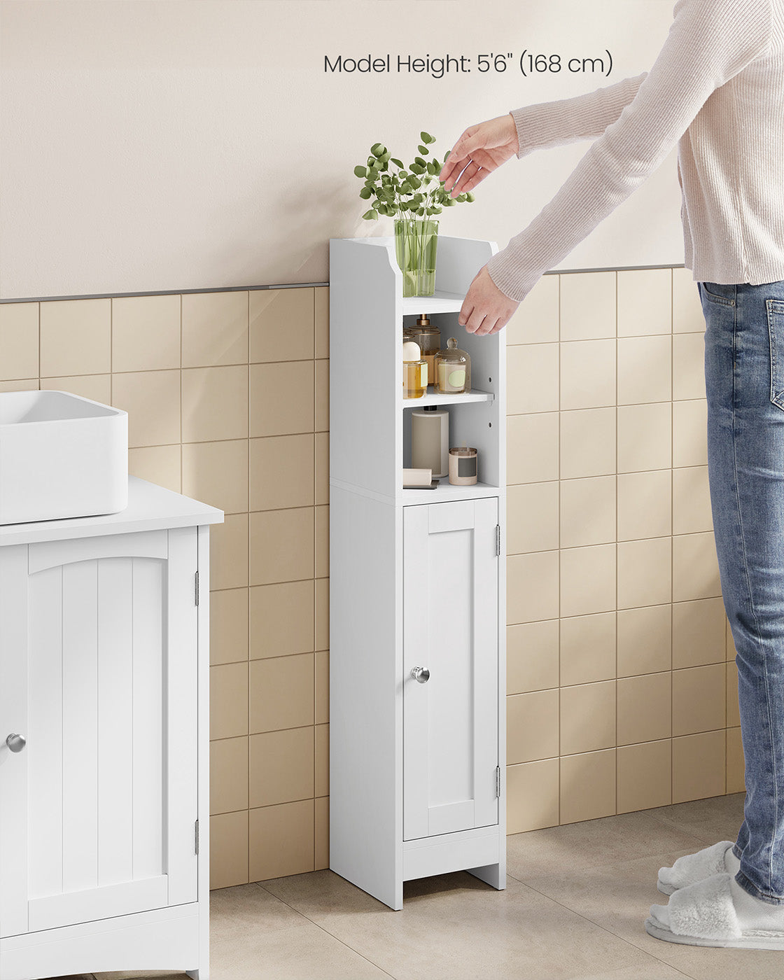 Slim Bathroom Storage Cabinet - Wood - White - Freestanding with Adjustable Shelves