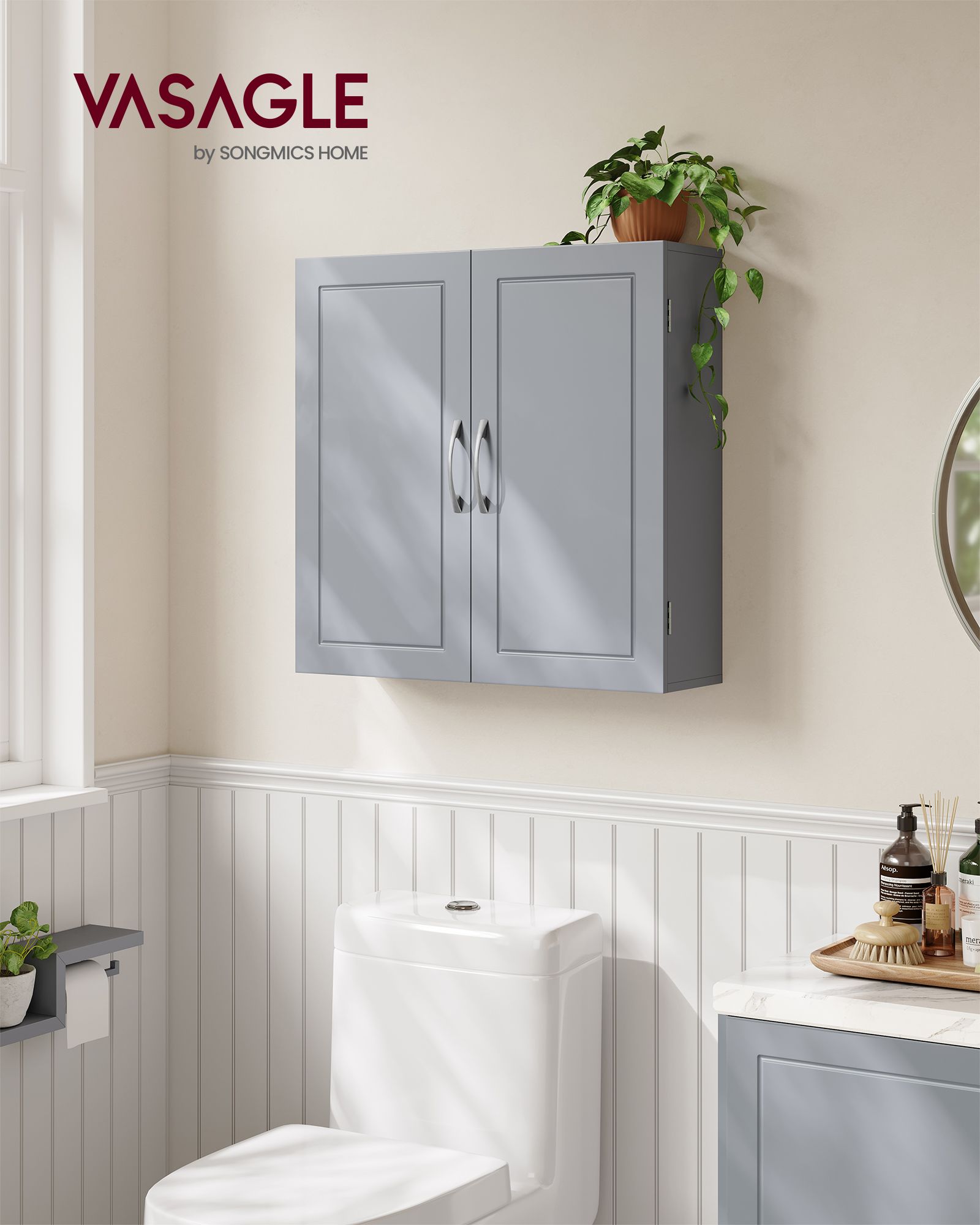 Wall-Mounted Bathroom Cabinet - Wood - Dove Grey - Adjustable Shelves