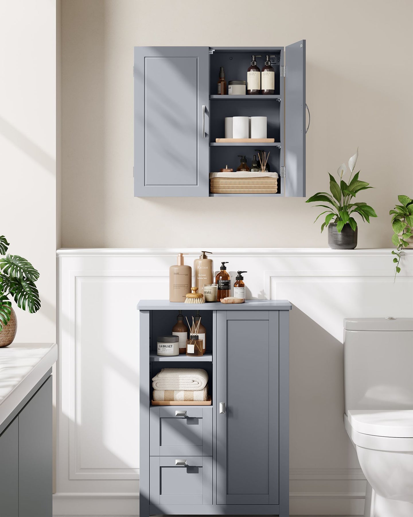 Wall-Mounted Bathroom Cabinet - Wood - Dove Grey - Adjustable Shelves