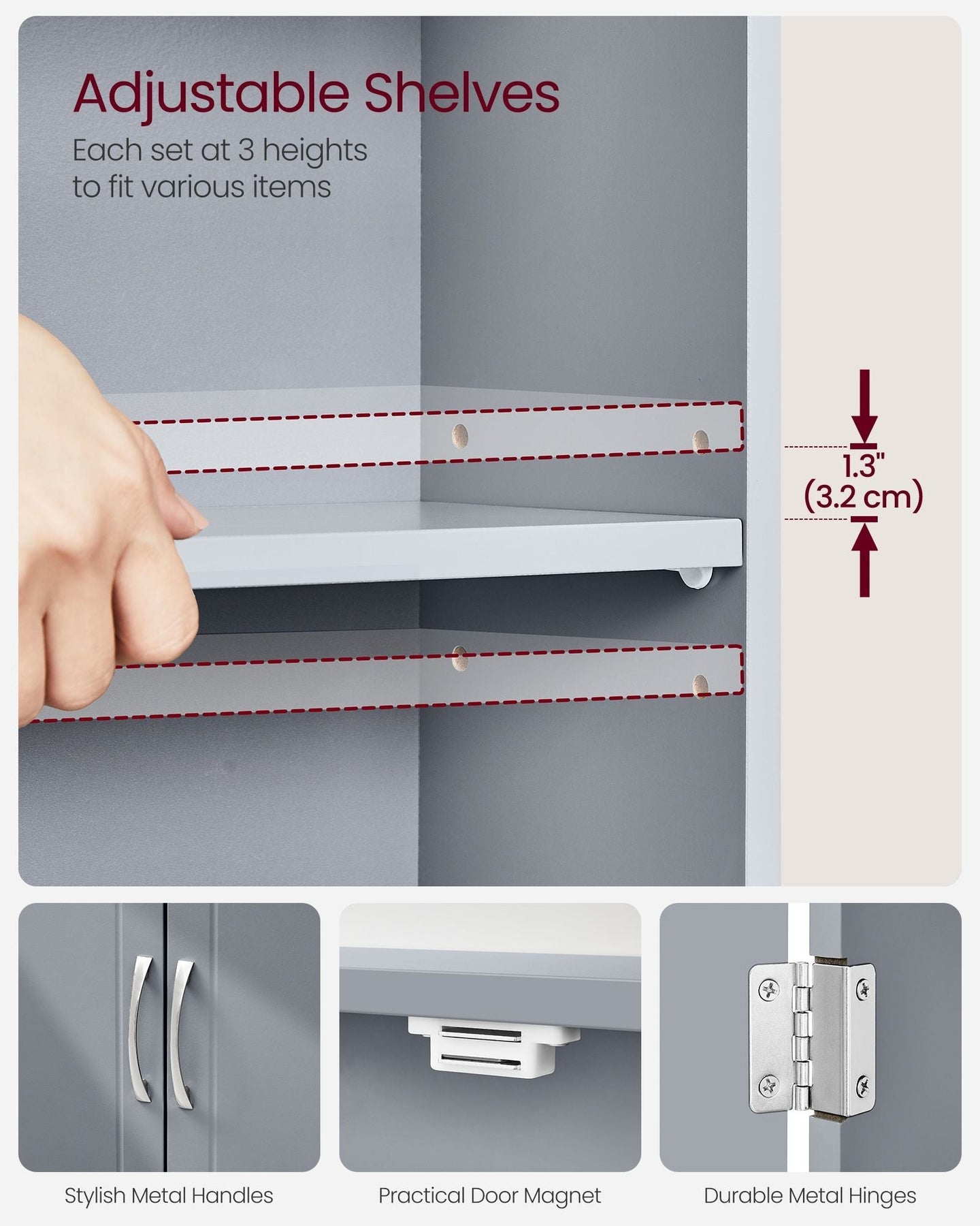 Wall-Mounted Bathroom Cabinet - Wood - Dove Grey - Adjustable Shelves