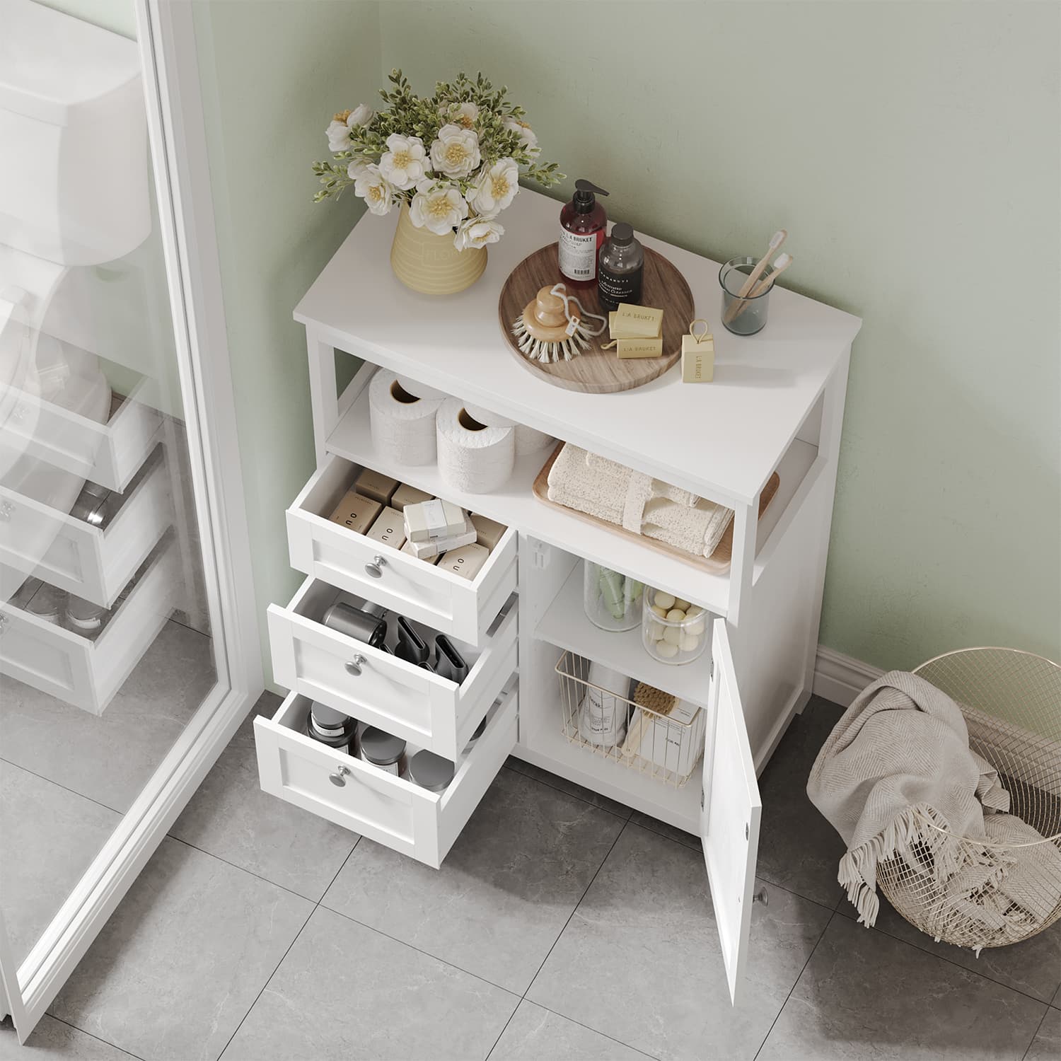 Freestanding Bathroom Floor Cabinet - Wood - White - 3-Drawer Storage Unit with Adjustable Shelf