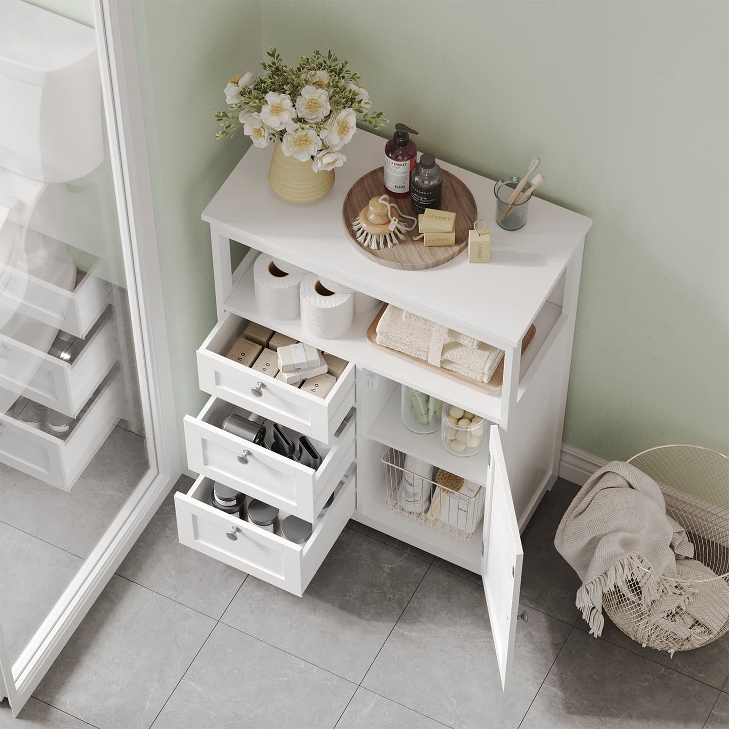 Freestanding Bathroom Floor Cabinet - Wood - White - 3-Drawer Storage Unit with Adjustable Shelf