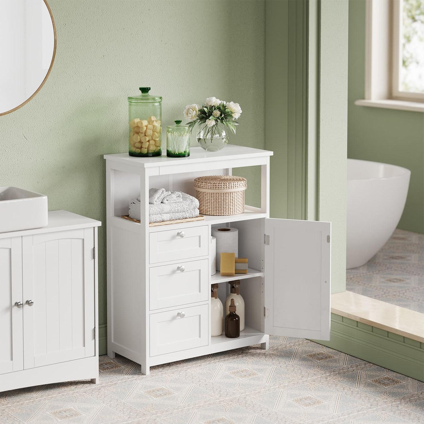 Freestanding Bathroom Floor Cabinet - Wood - White - 3-Drawer Storage Unit with Adjustable Shelf