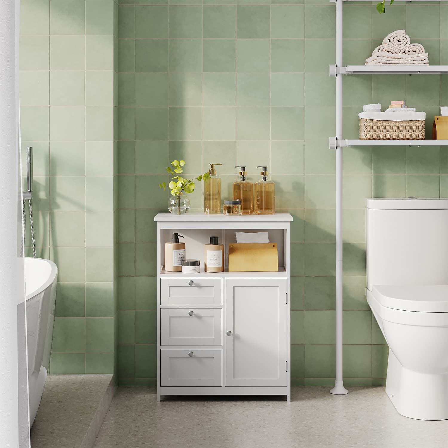Freestanding Bathroom Floor Cabinet - Wood - White - 3-Drawer Storage Unit with Adjustable Shelf