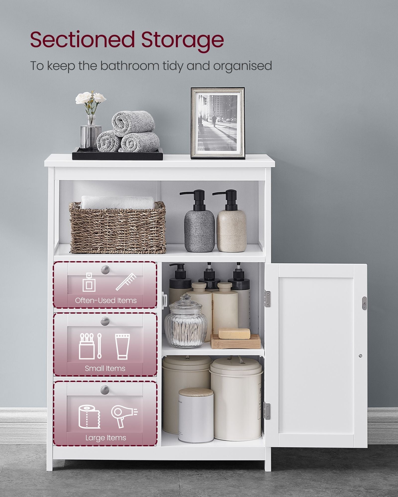 Bathroom Storage Cabinet - Wood - White - Freestanding with 3 Drawers and Adjustable Shelf
