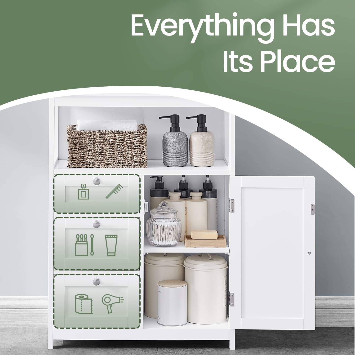 Freestanding Bathroom Floor Cabinet - Wood - White - 3-Drawer Storage Unit with Adjustable Shelf
