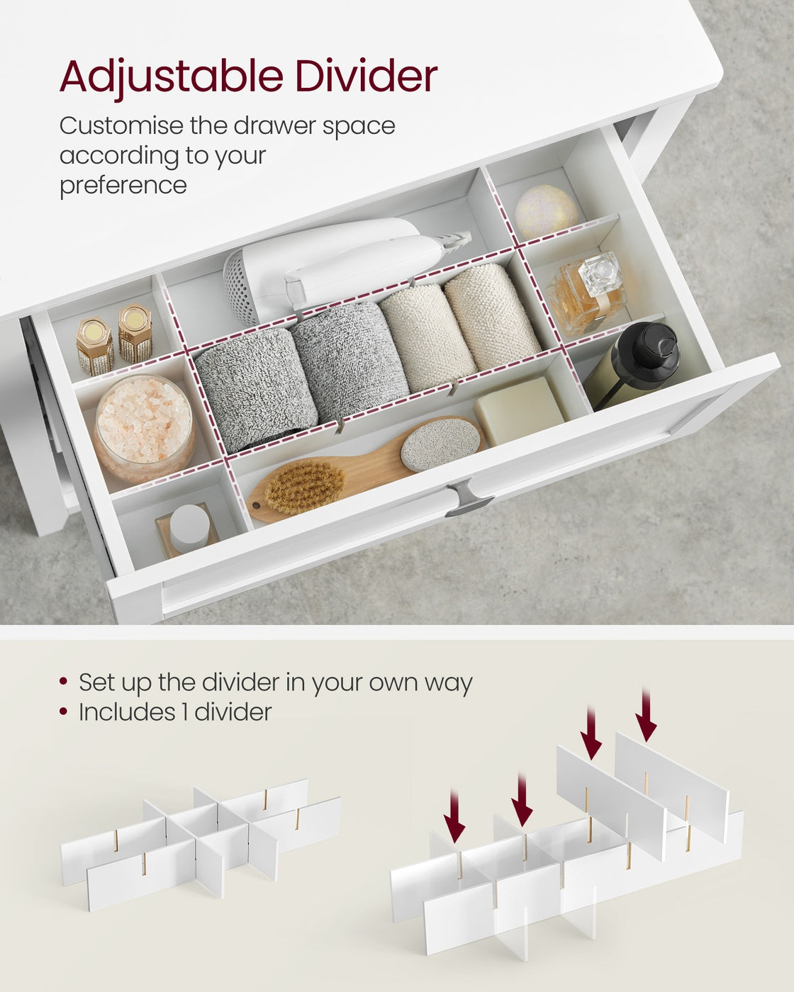 Freestanding Bathroom Cabinet - Wood - White - 2 Drawers with Adjustable Dividers and Baskets