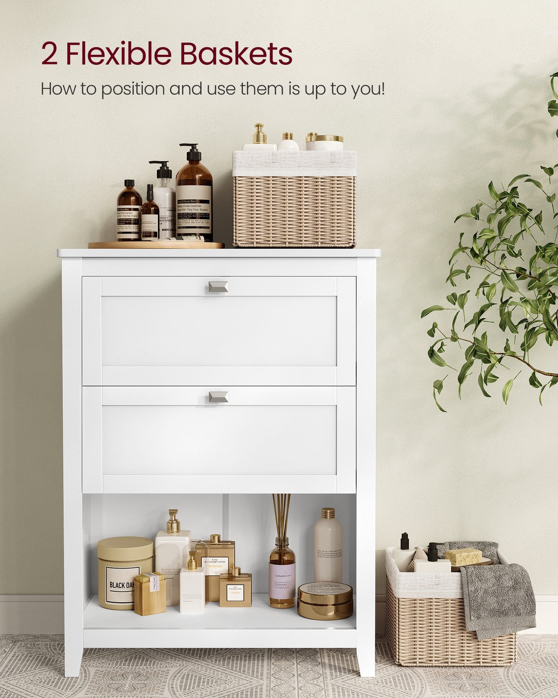 Freestanding Bathroom Cabinet - Wood - White - 2 Drawers with Adjustable Dividers and Baskets