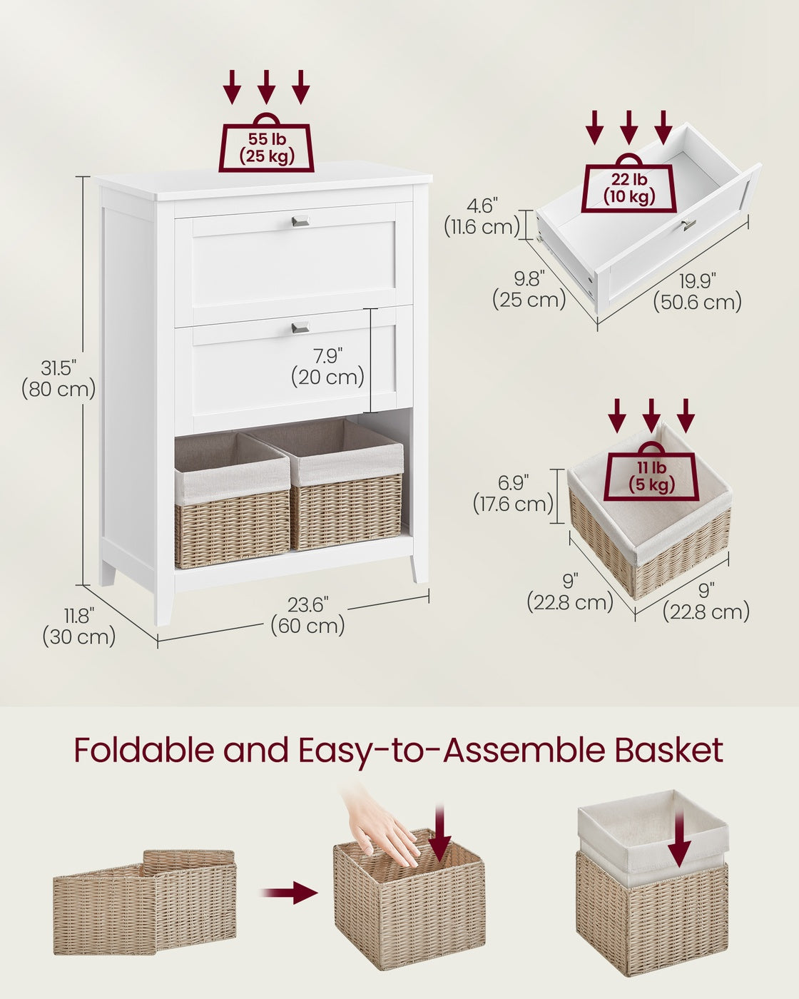 Freestanding Bathroom Cabinet - Wood - White - 2 Drawers with Adjustable Dividers and Baskets