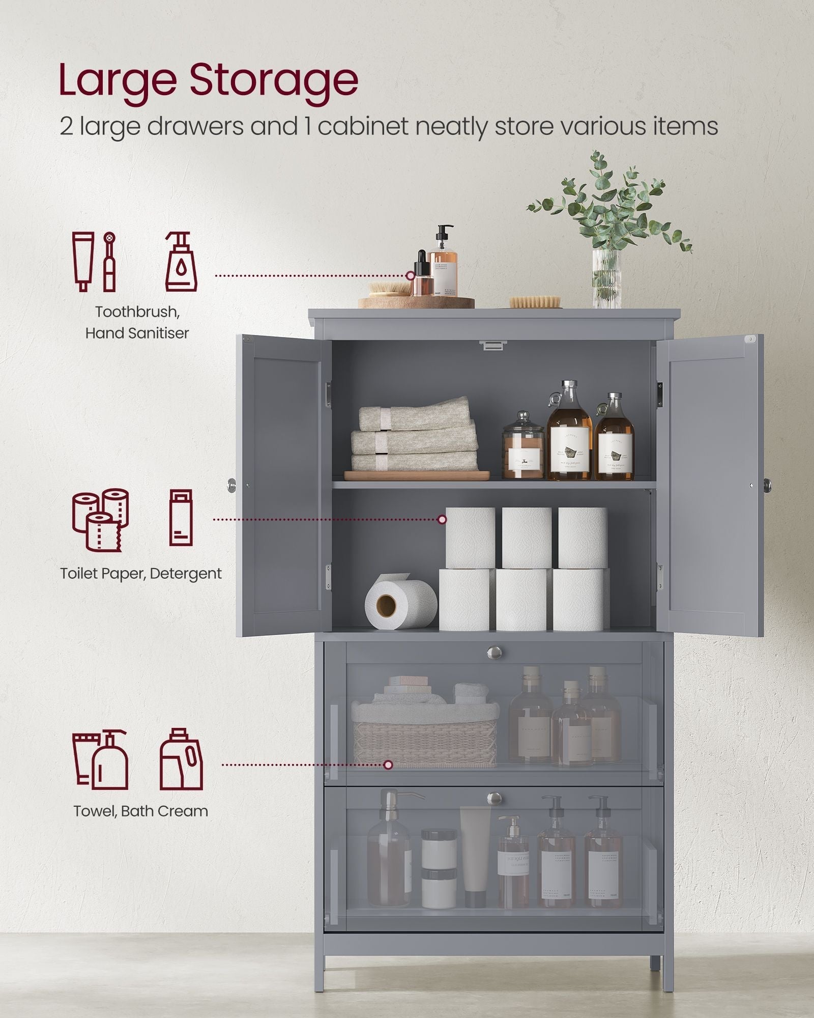 Bathroom Storage Cabinet - Wood - Dove Grey - Freestanding with Adjustable Shelf and 2 Drawers