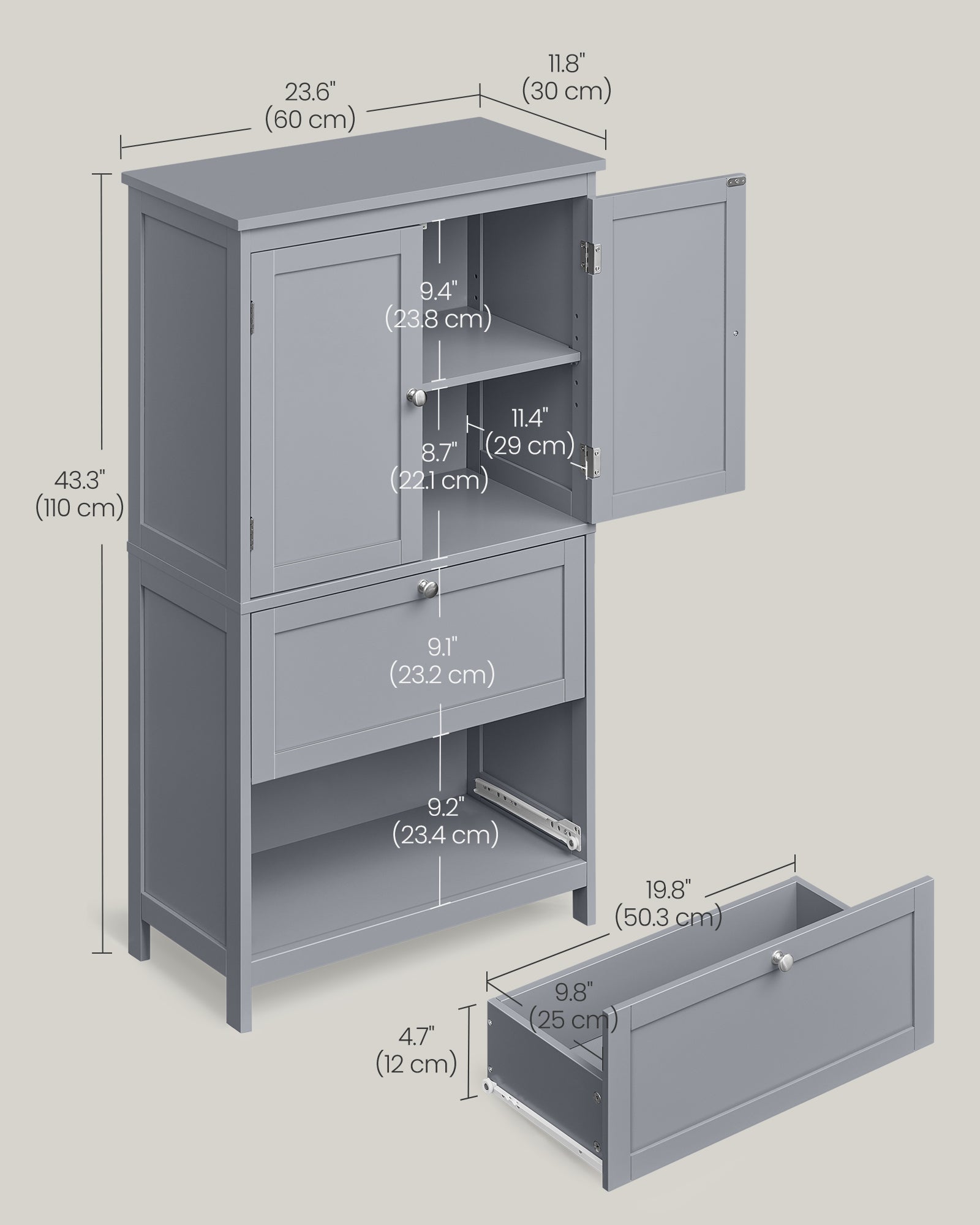 Bathroom Storage Cabinet - Wood - Dove Grey - Freestanding with Adjustable Shelf and 2 Drawers