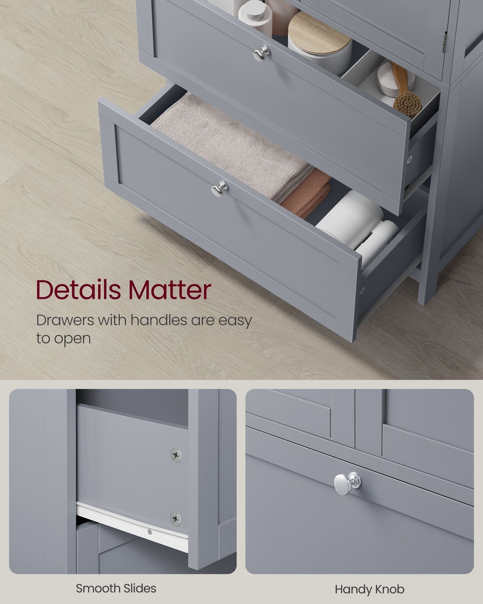 Bathroom Storage Cabinet - Wood - Dove Grey - Freestanding with Adjustable Shelf and 2 Drawers