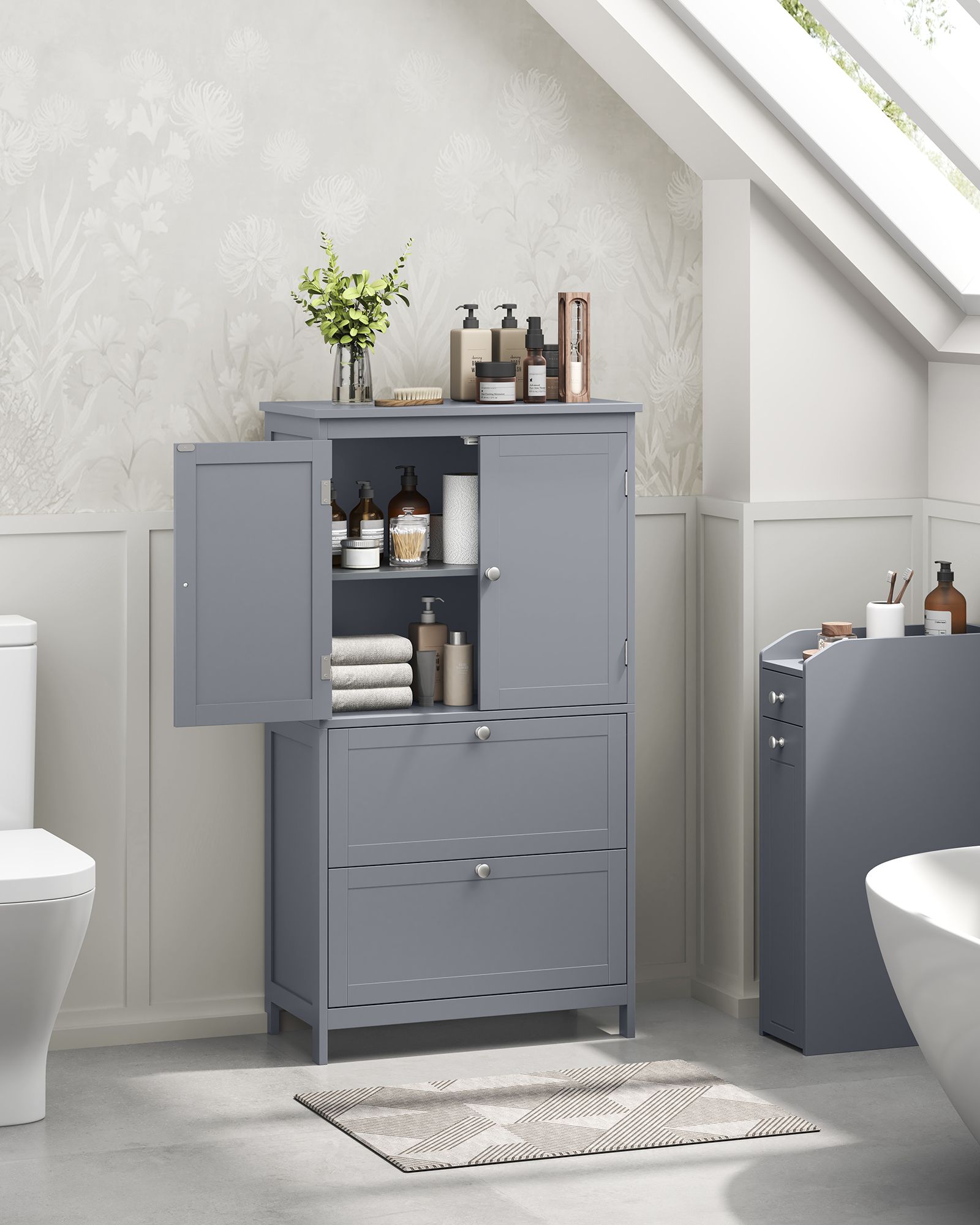 Bathroom Storage Cabinet - Wood - Dove Grey - Freestanding with Adjustable Shelf and 2 Drawers