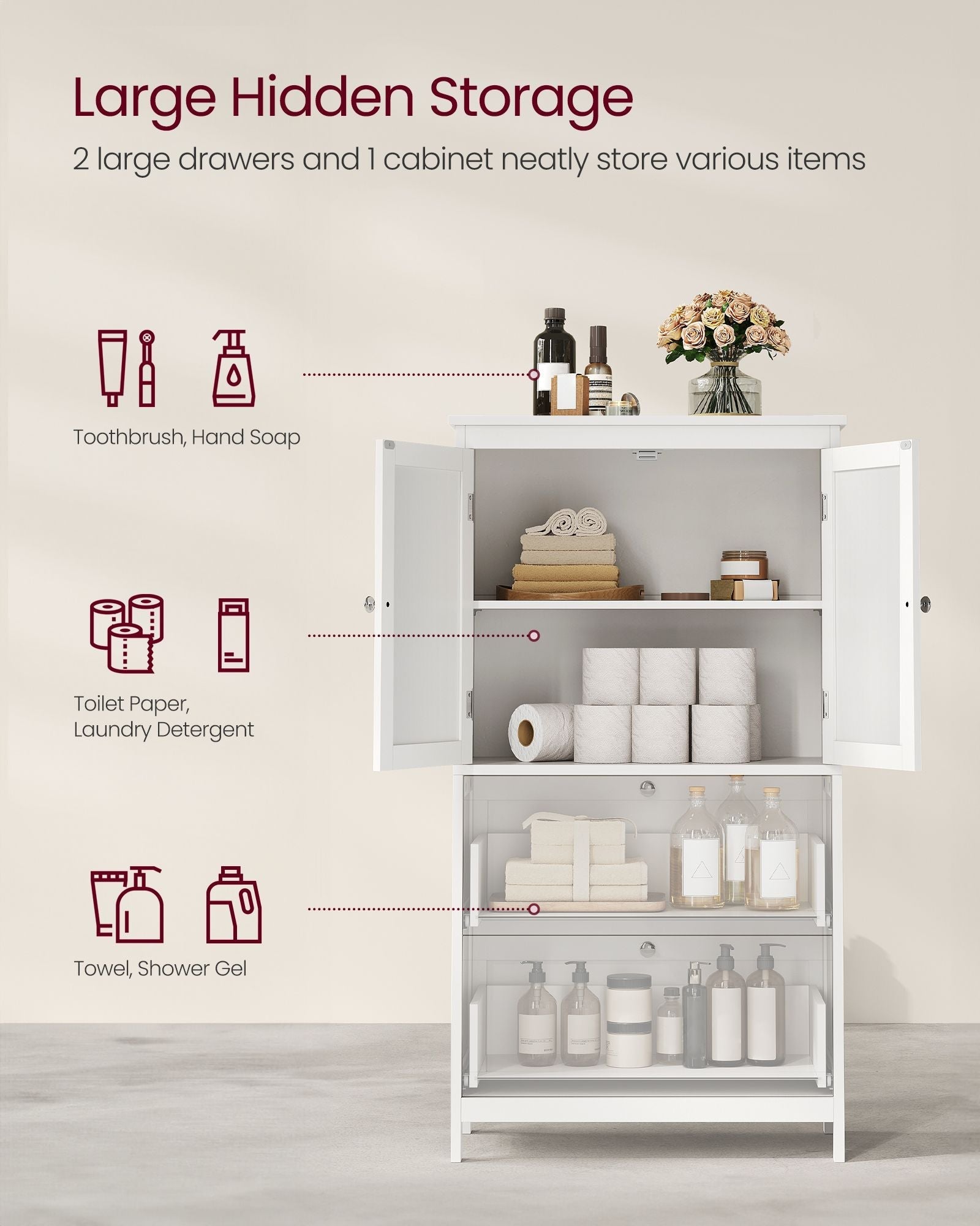 Freestanding Storage Cupboard - Wood - White - 2 Drawers