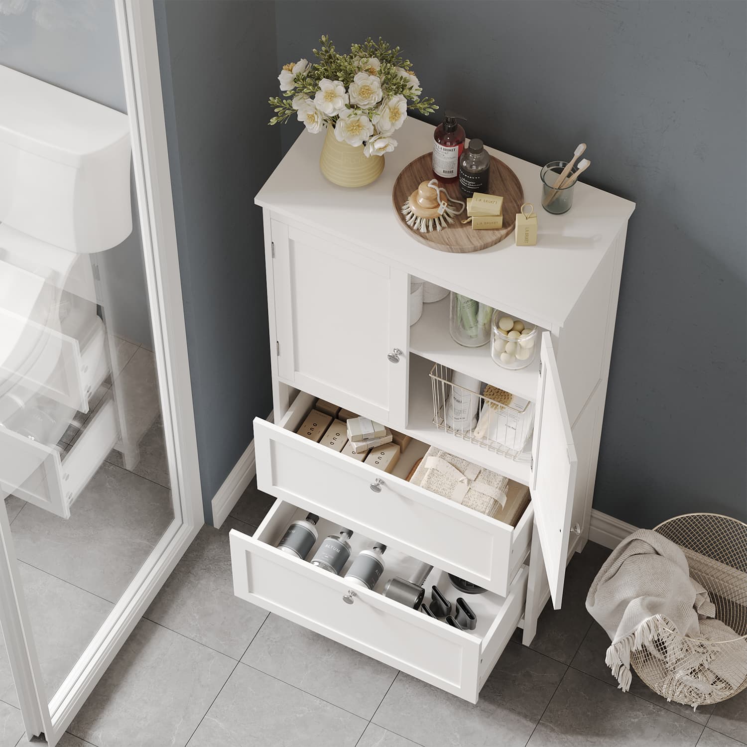 Freestanding Bathroom Storage Cabinet - Wood - White - 2 Drawers