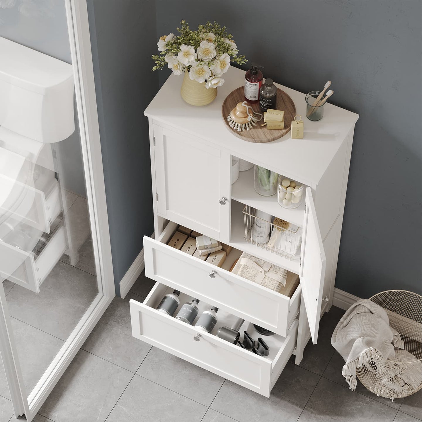 Freestanding Bathroom Storage Cabinet - Wood - White - 2 Drawers