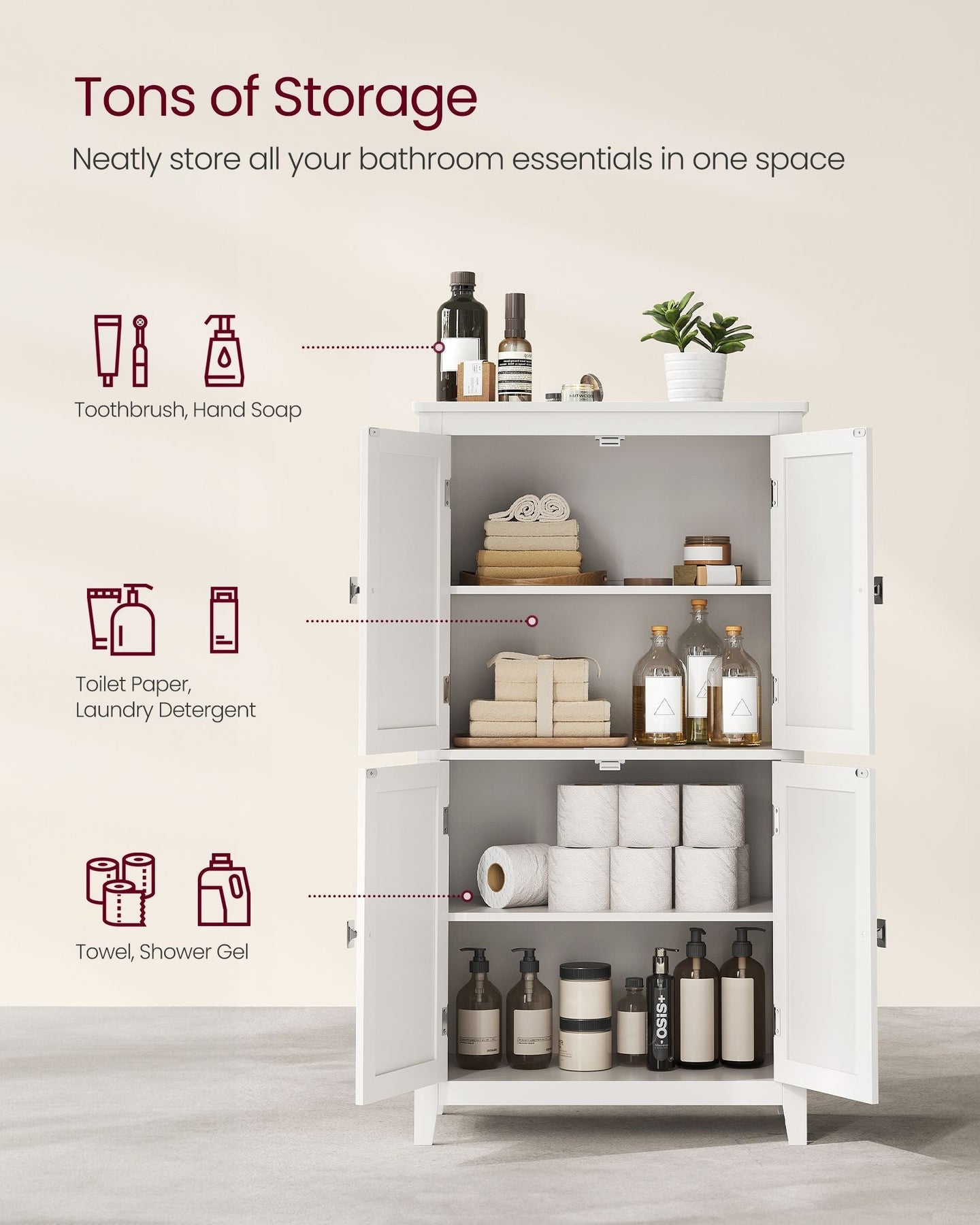 Freestanding Cabinet - Wood - White - 4 Doors with Adjustable Shelves