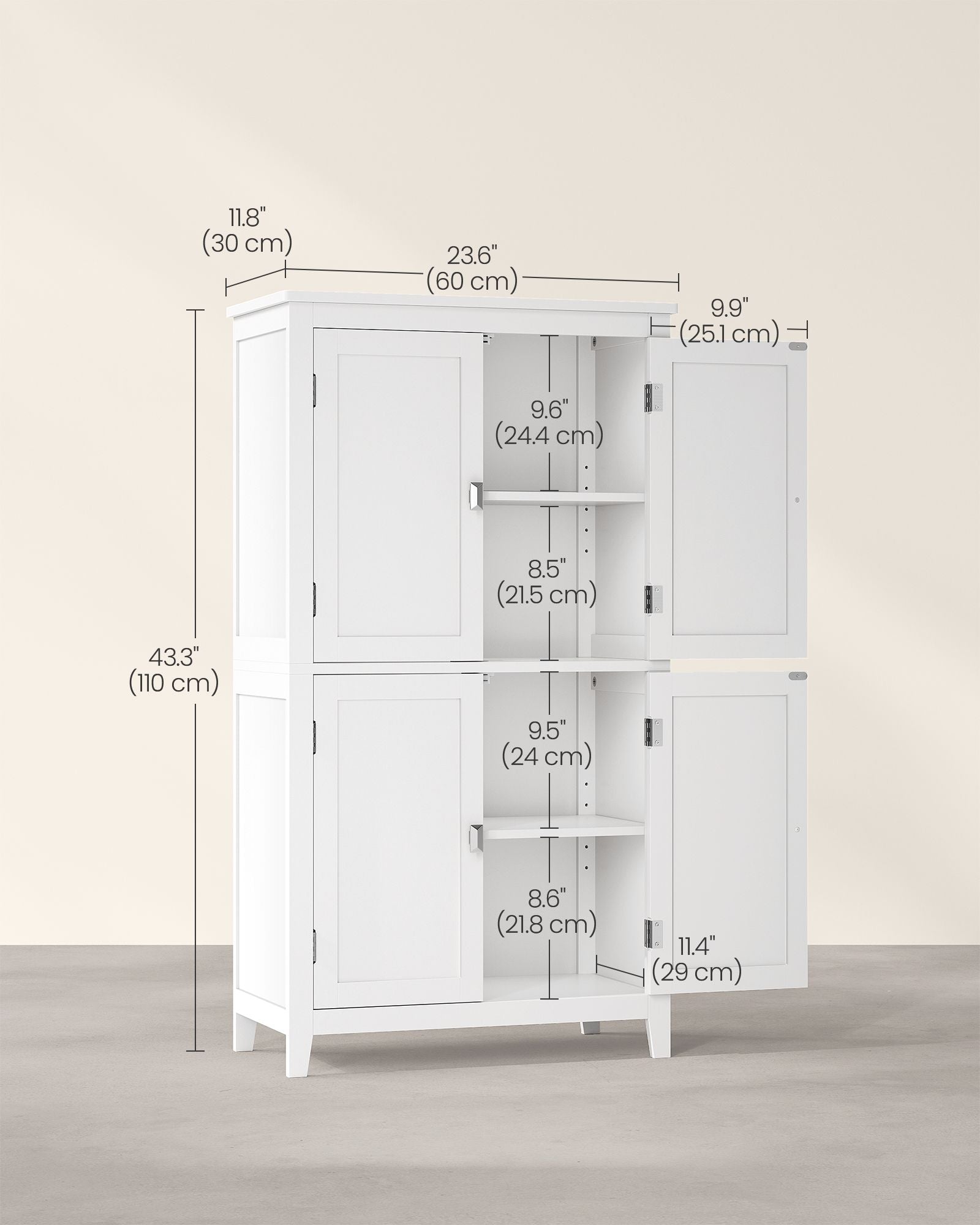 Freestanding Cabinet - Wood - White - 4 Doors with Adjustable Shelves