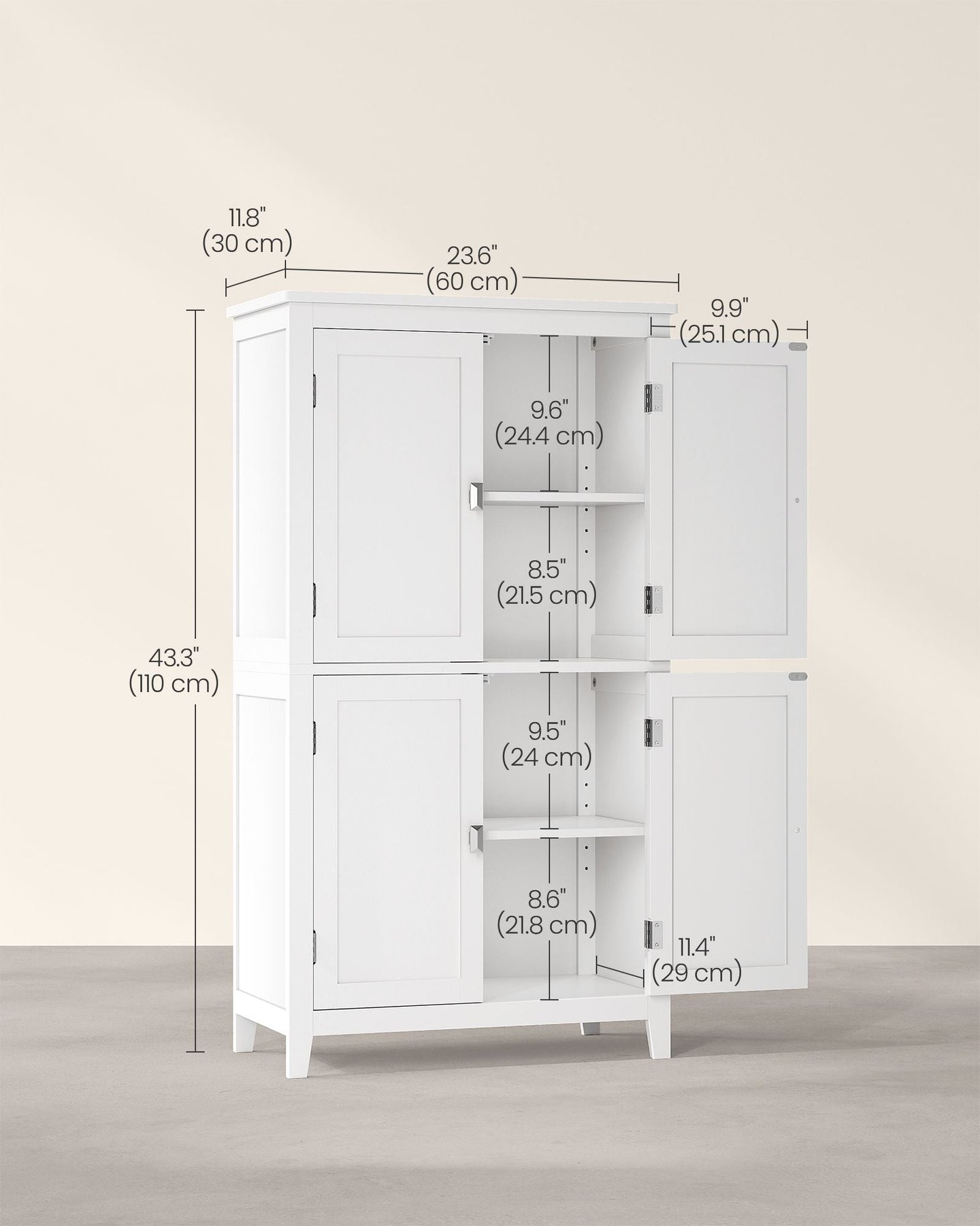 Freestanding Cabinet - Wood - White - 4 Doors with Adjustable Shelves
