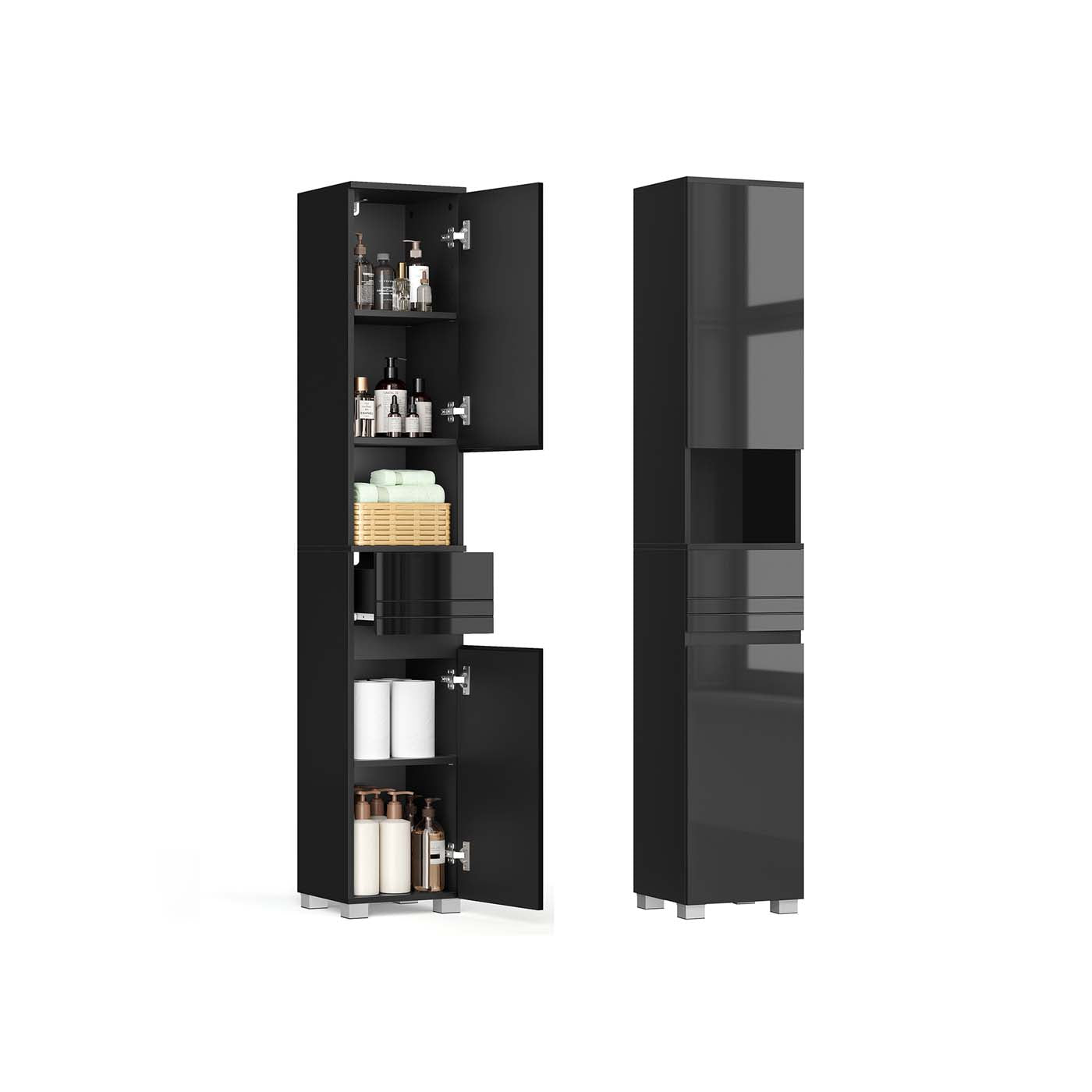 Tall Bathroom Cabinet - Wood - Sleek White Finish - Adjustable Shelves and Drawer