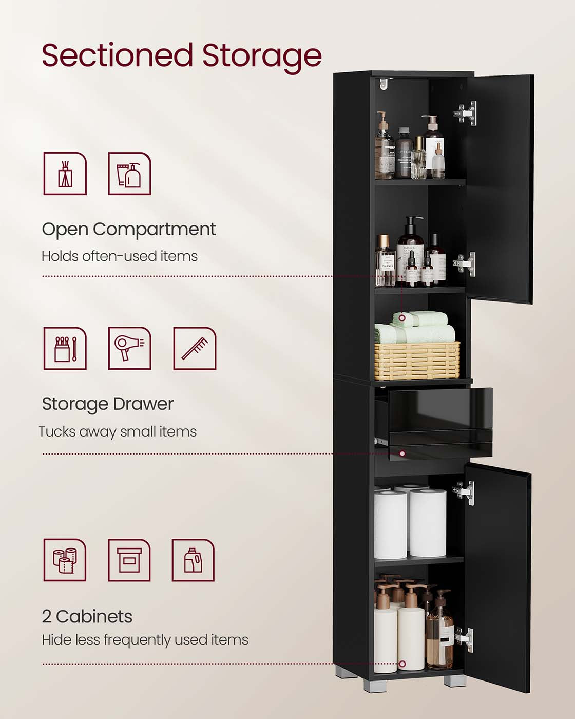 Tall Bathroom Cabinet - Wood - Sleek White Finish - Adjustable Shelves and Drawer