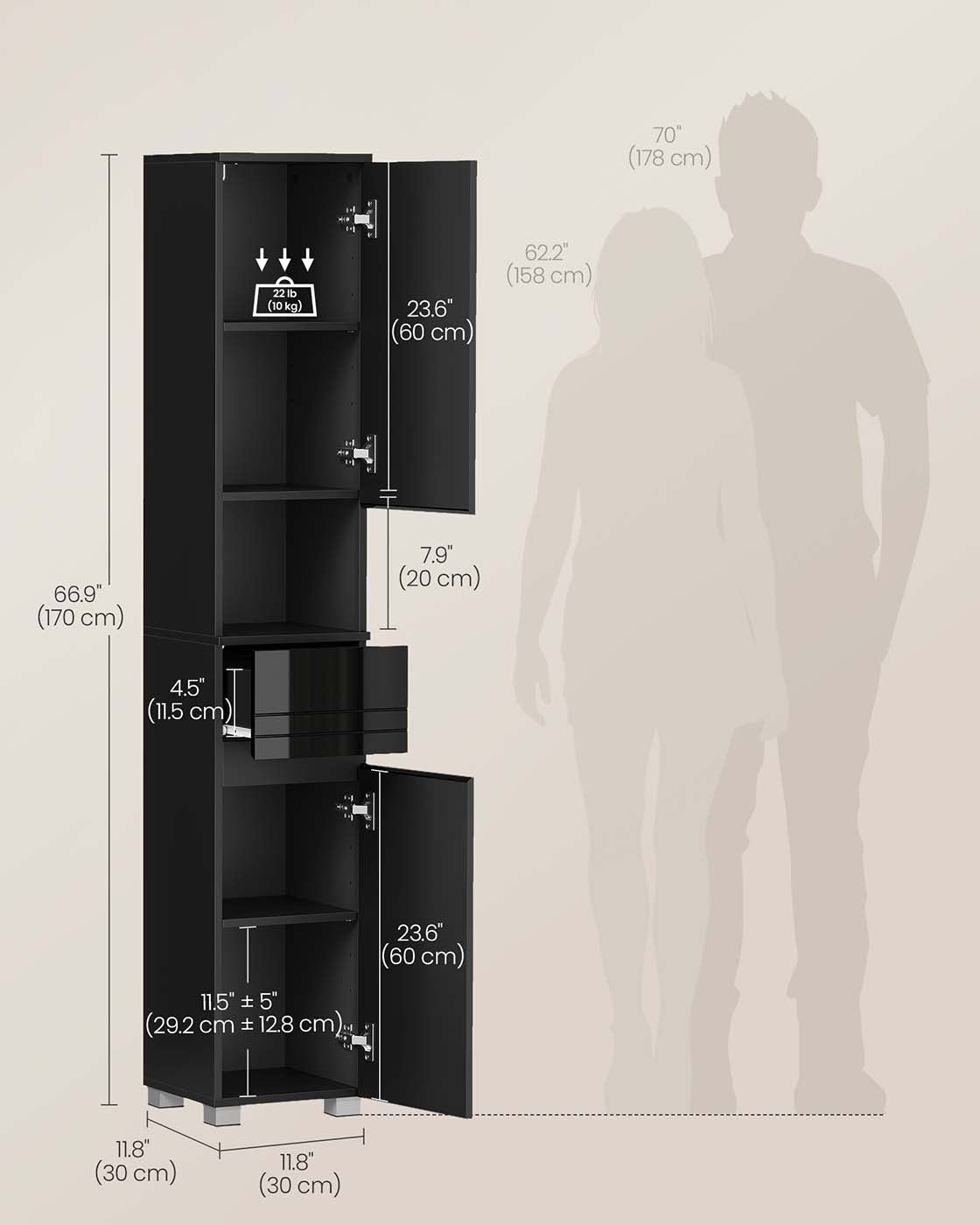 Tall Bathroom Cabinet - Wood - Sleek White Finish - Adjustable Shelves and Drawer